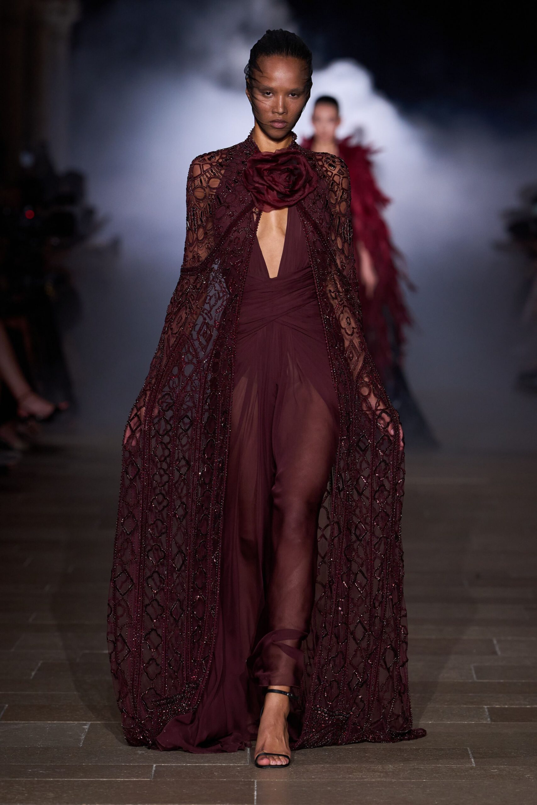 maroon silk sleeveless v-neck fitted embroidered layered gown