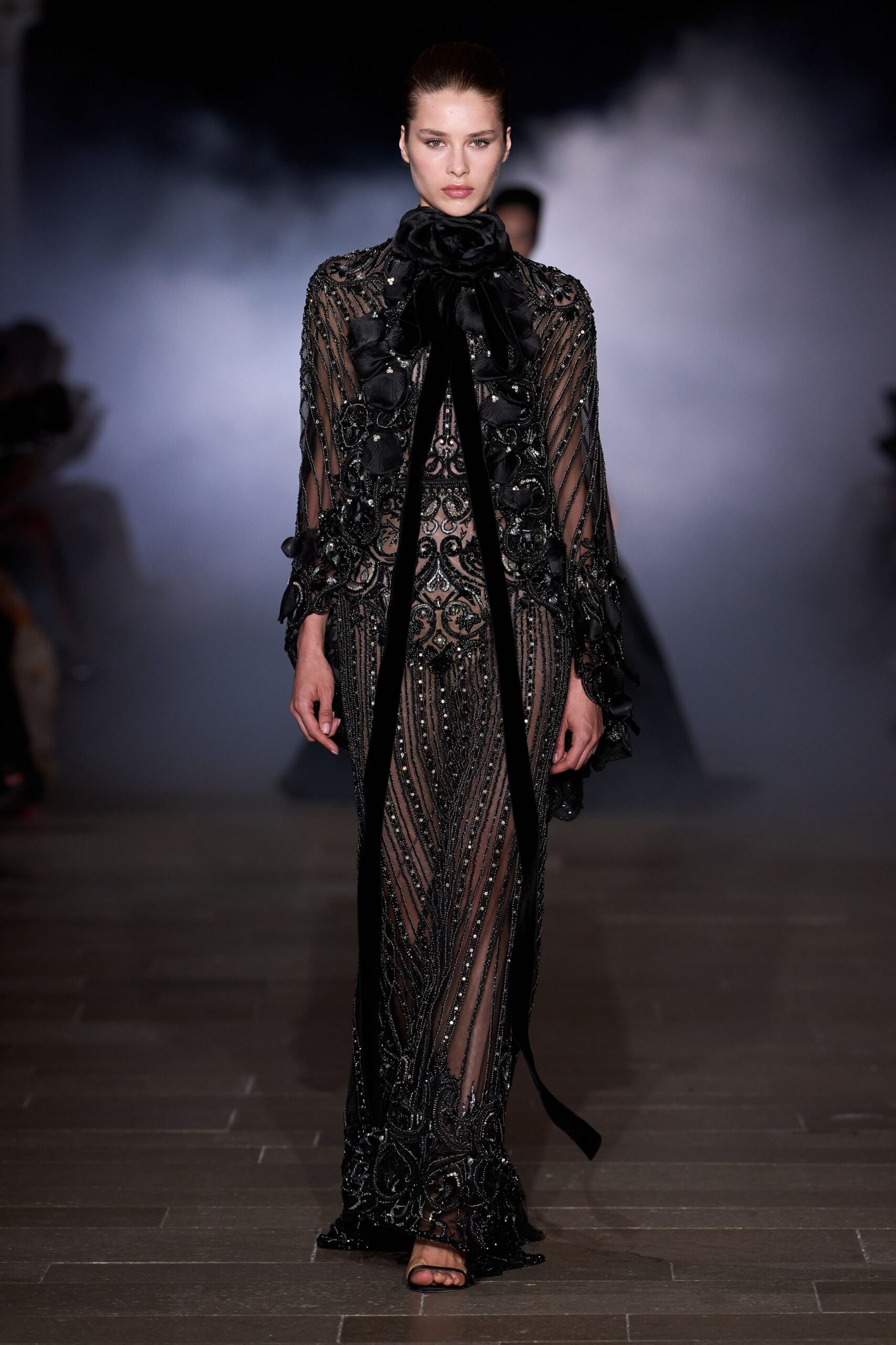 black silk long-sleeve high-neck fitted embroidered beaded gown