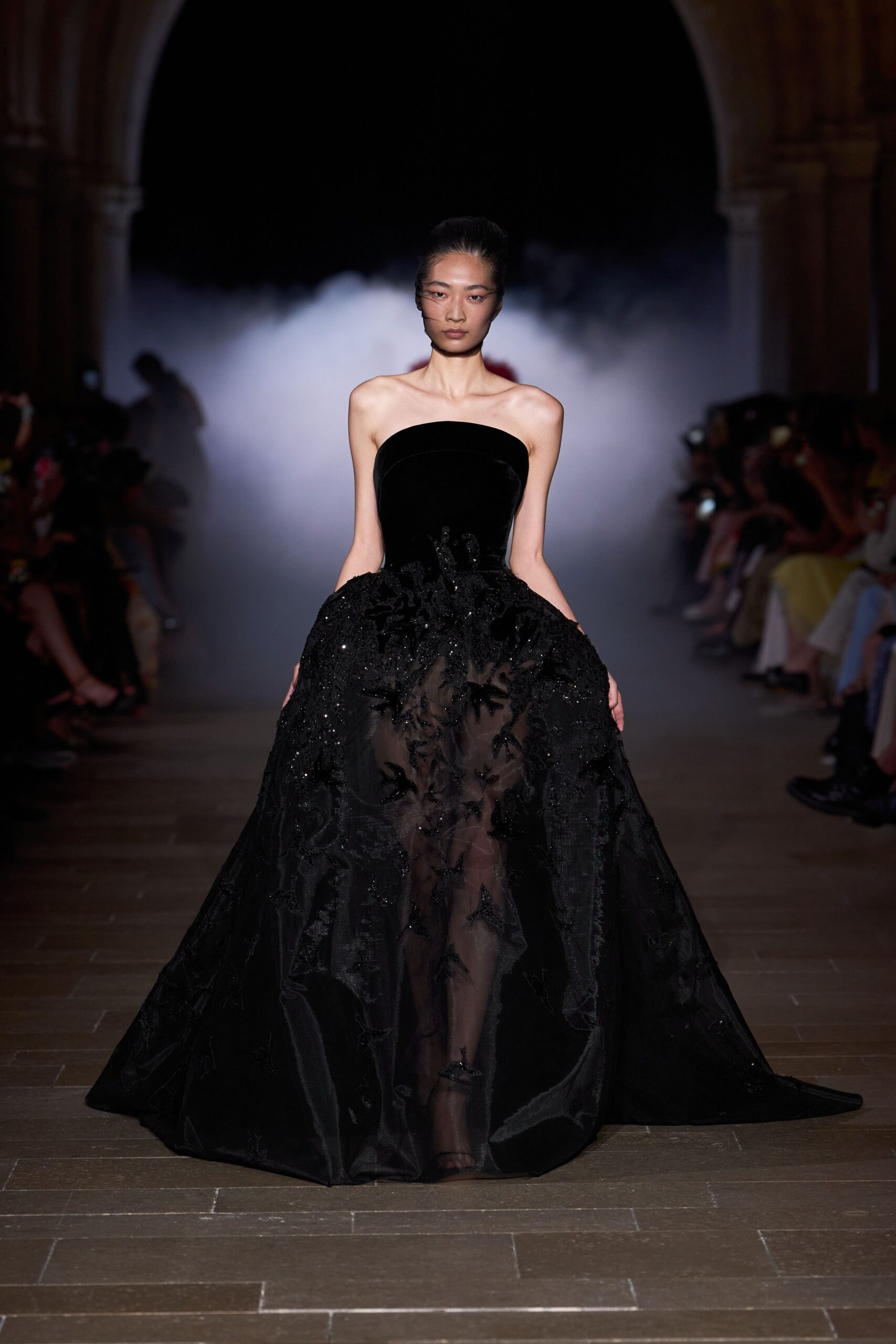 black strapless embroidered gown