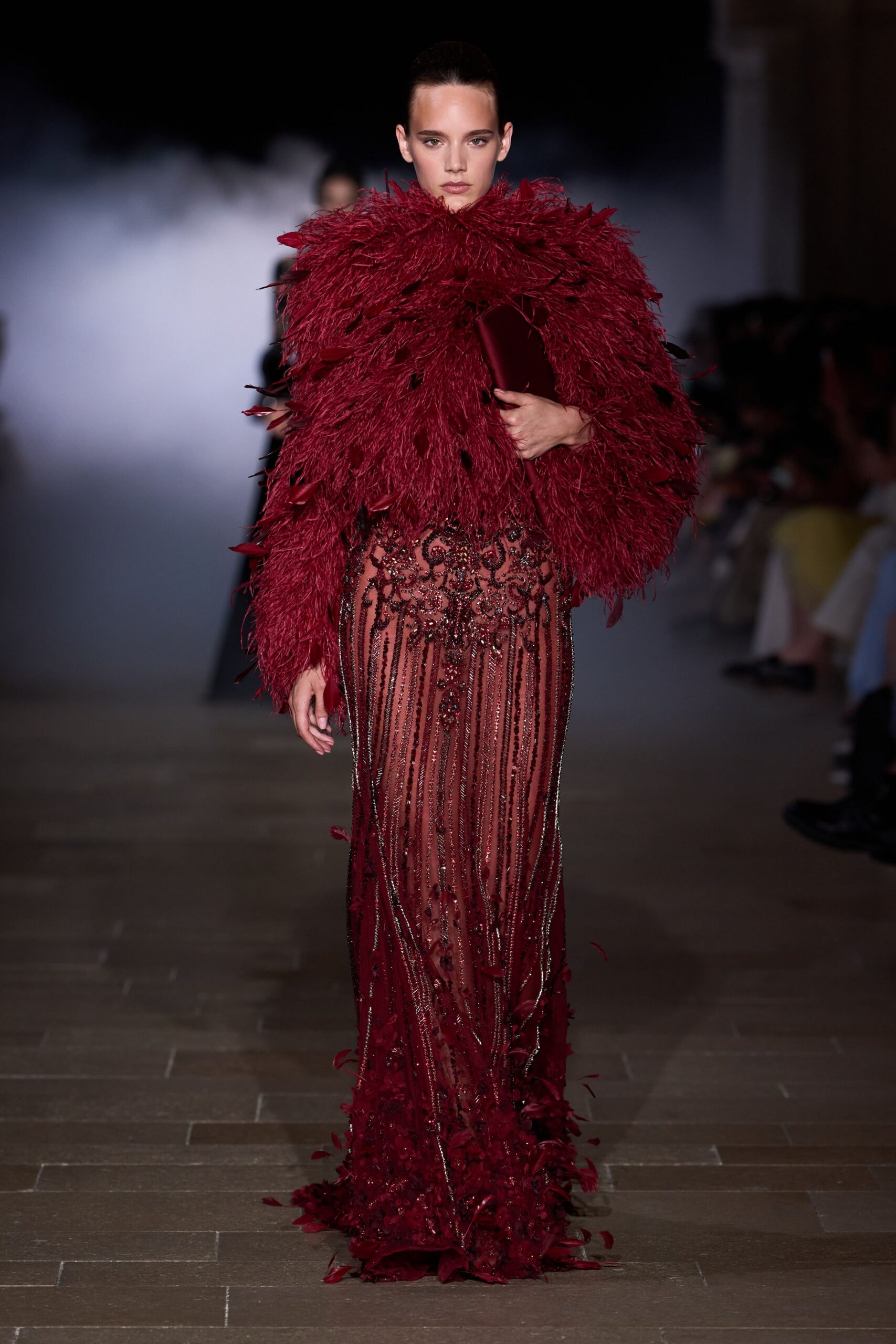 red silk long-sleeve v-neck fitted embellished layered gown