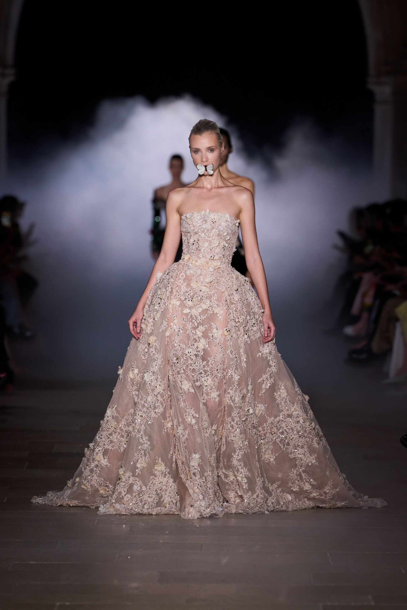 beige lace embroidered gown