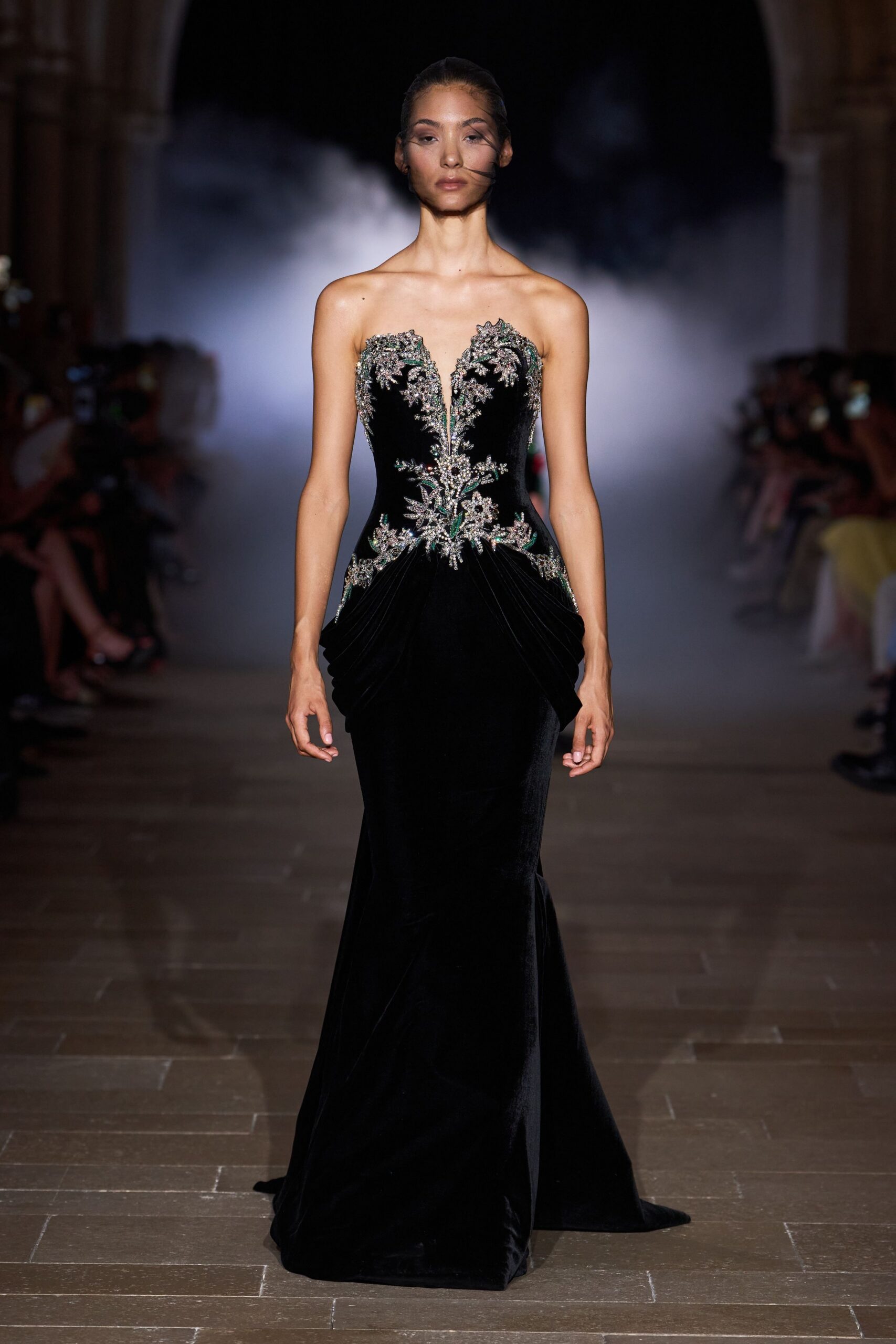 black velvet strapless gown