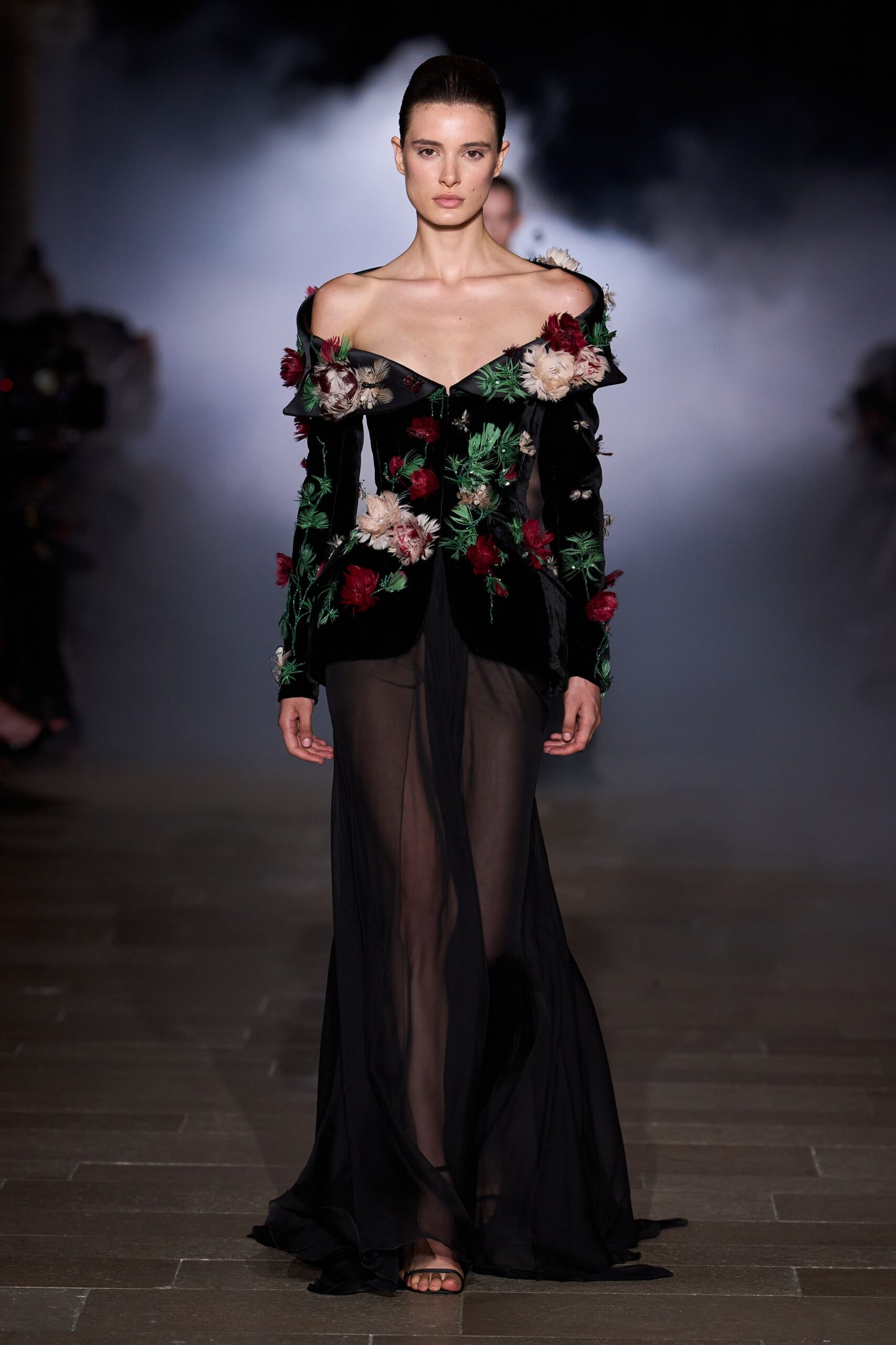 black silk long-sleeve off-shoulder fitted embroidered gown