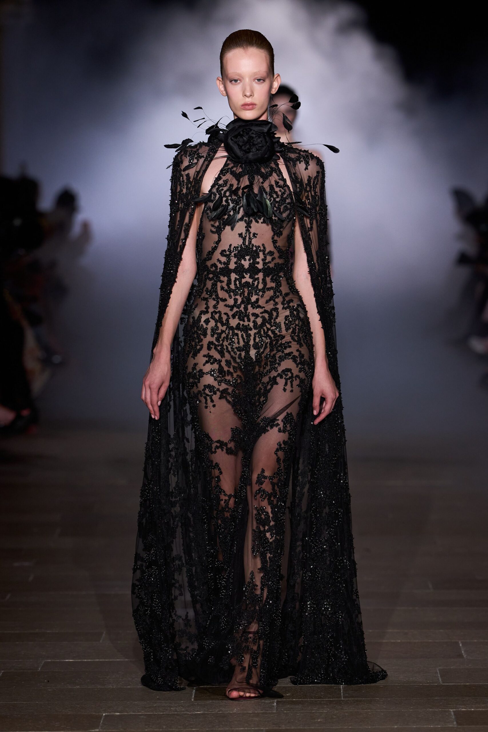 black sequin sleeveless high-neck fitted embroidered gown