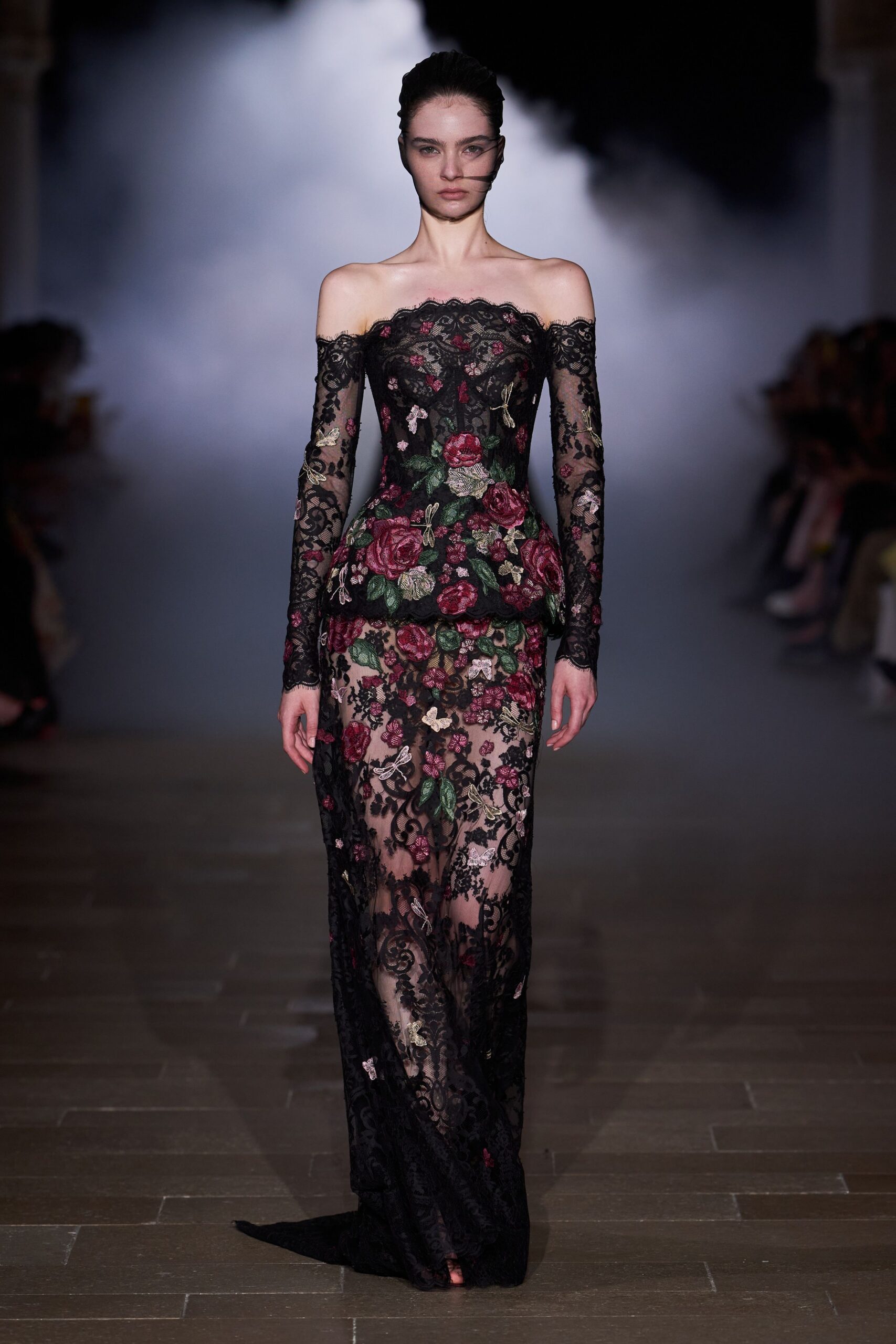 black lace off-shoulder gown