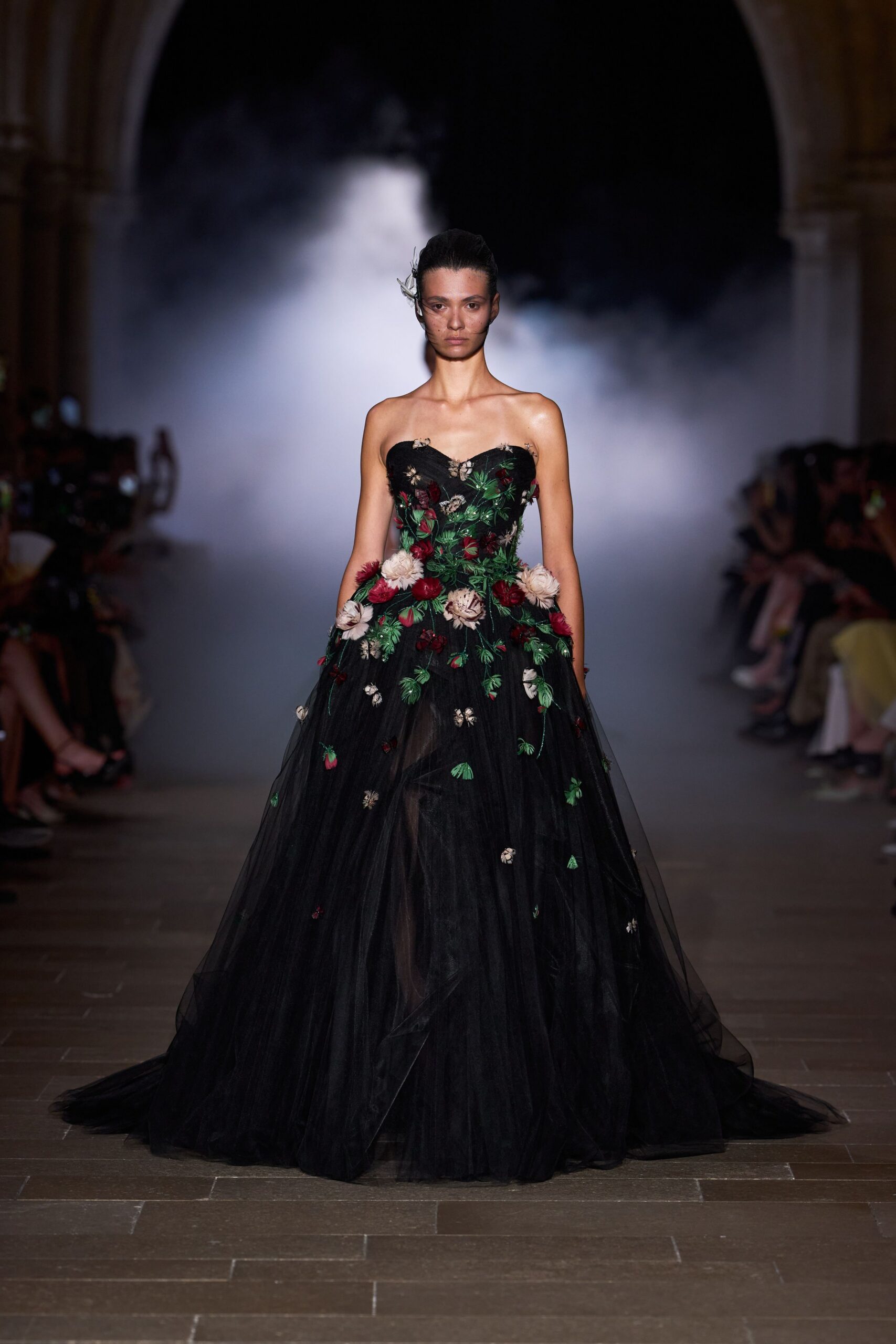 black strapless floral gown