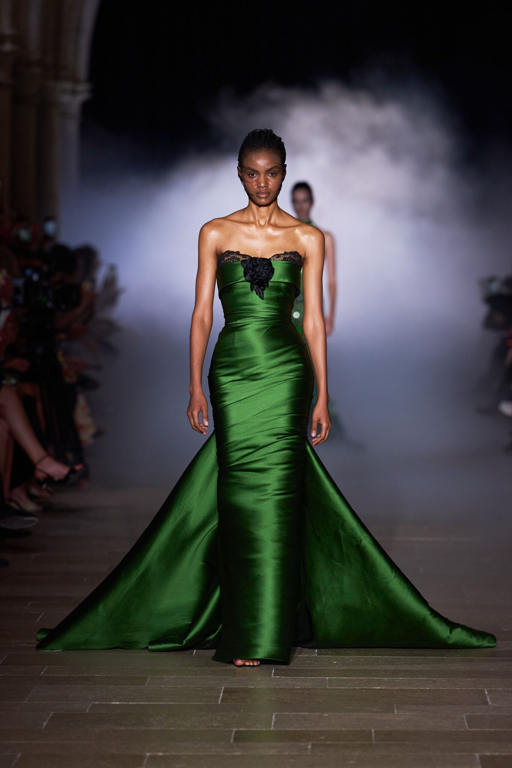 green satin strapless gown