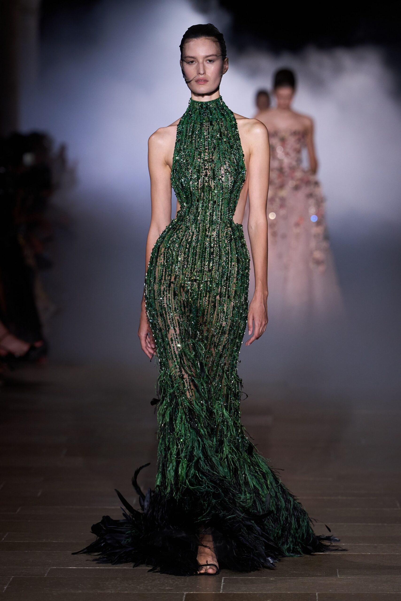 green sequined sleeveless gown