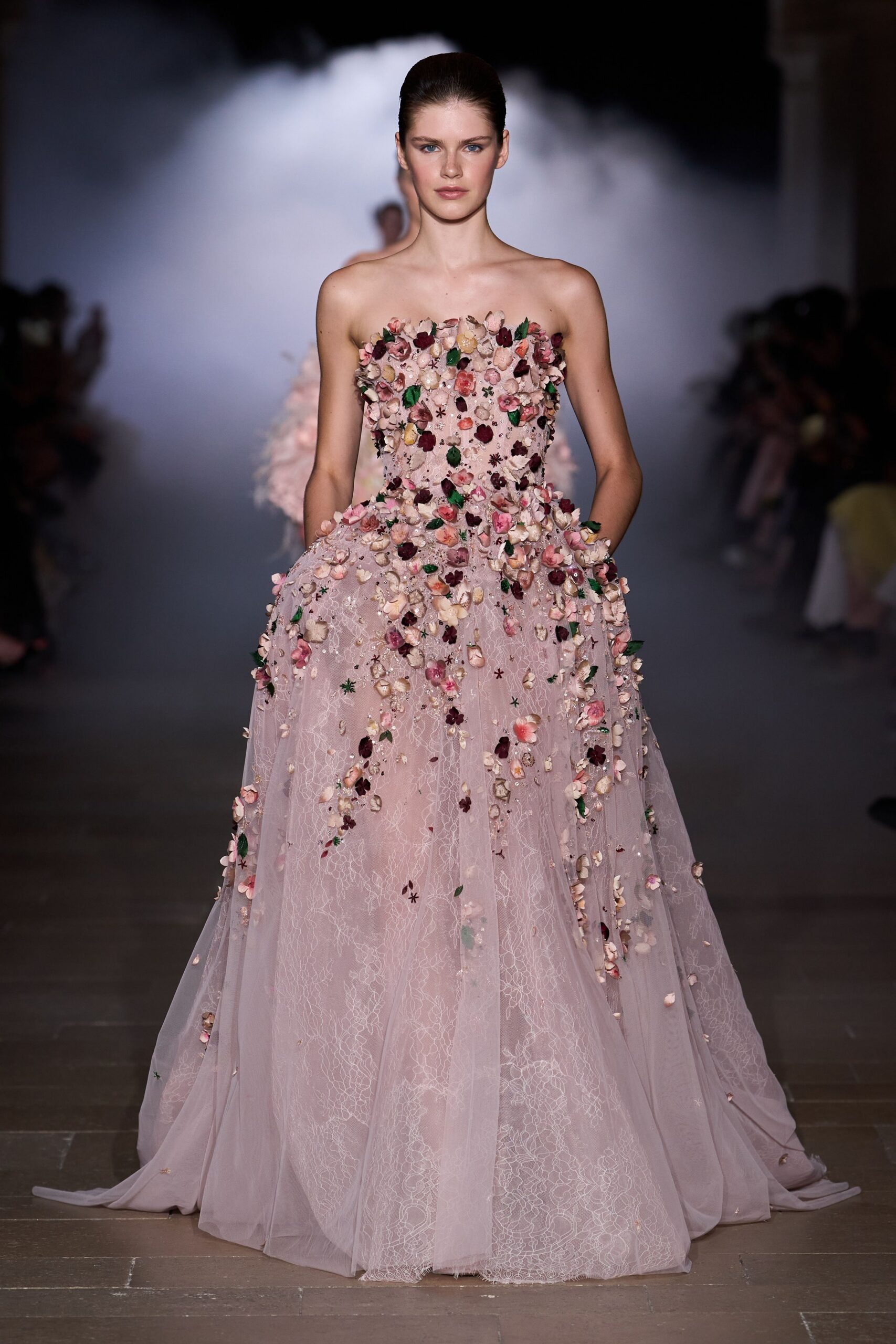pink embroidered strapless gown