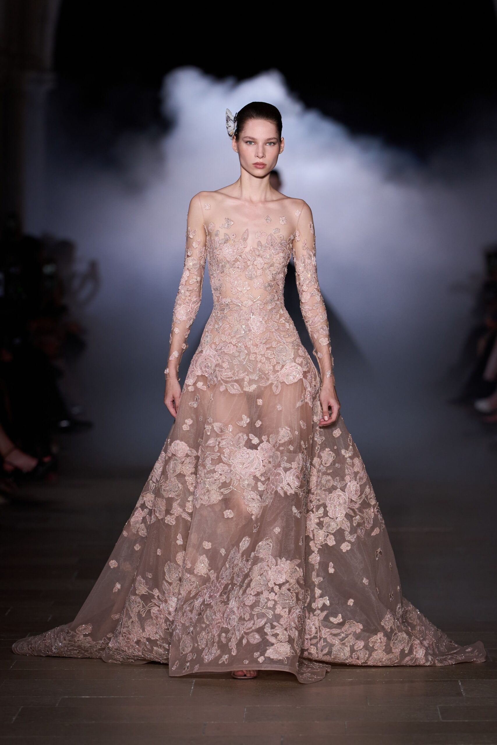 beige silk embroidered gown