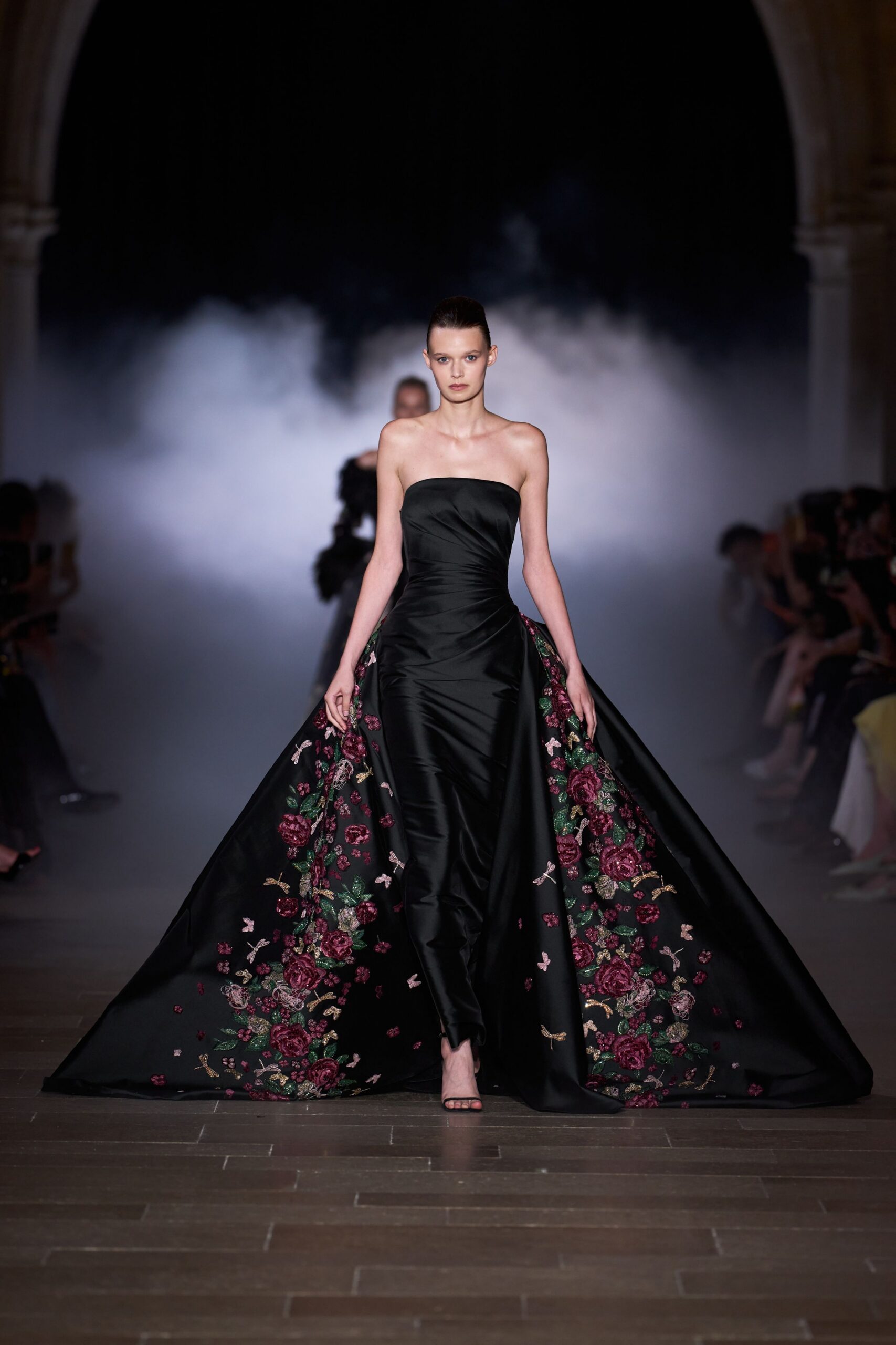 black silk strapless fitted embroidered maxi gown