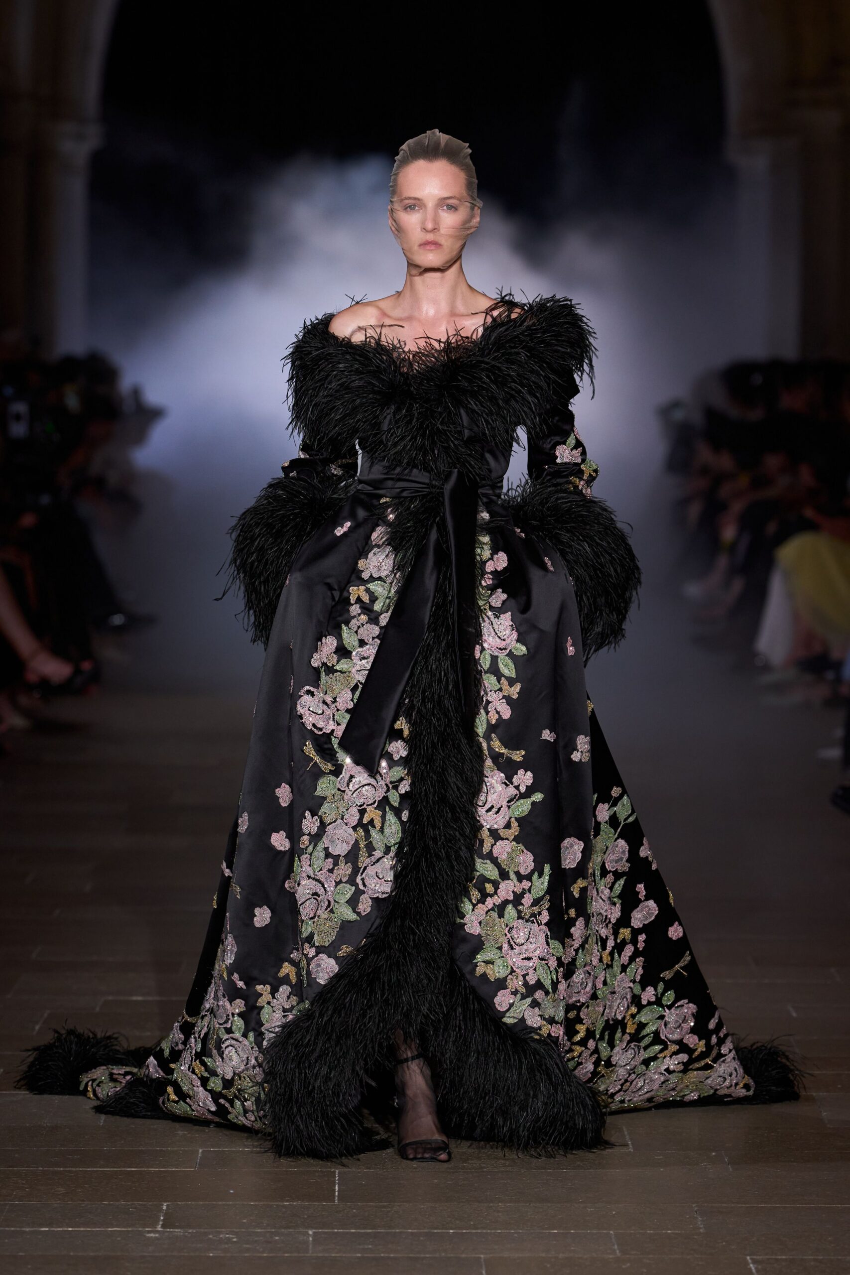 black silk off-shoulder gown