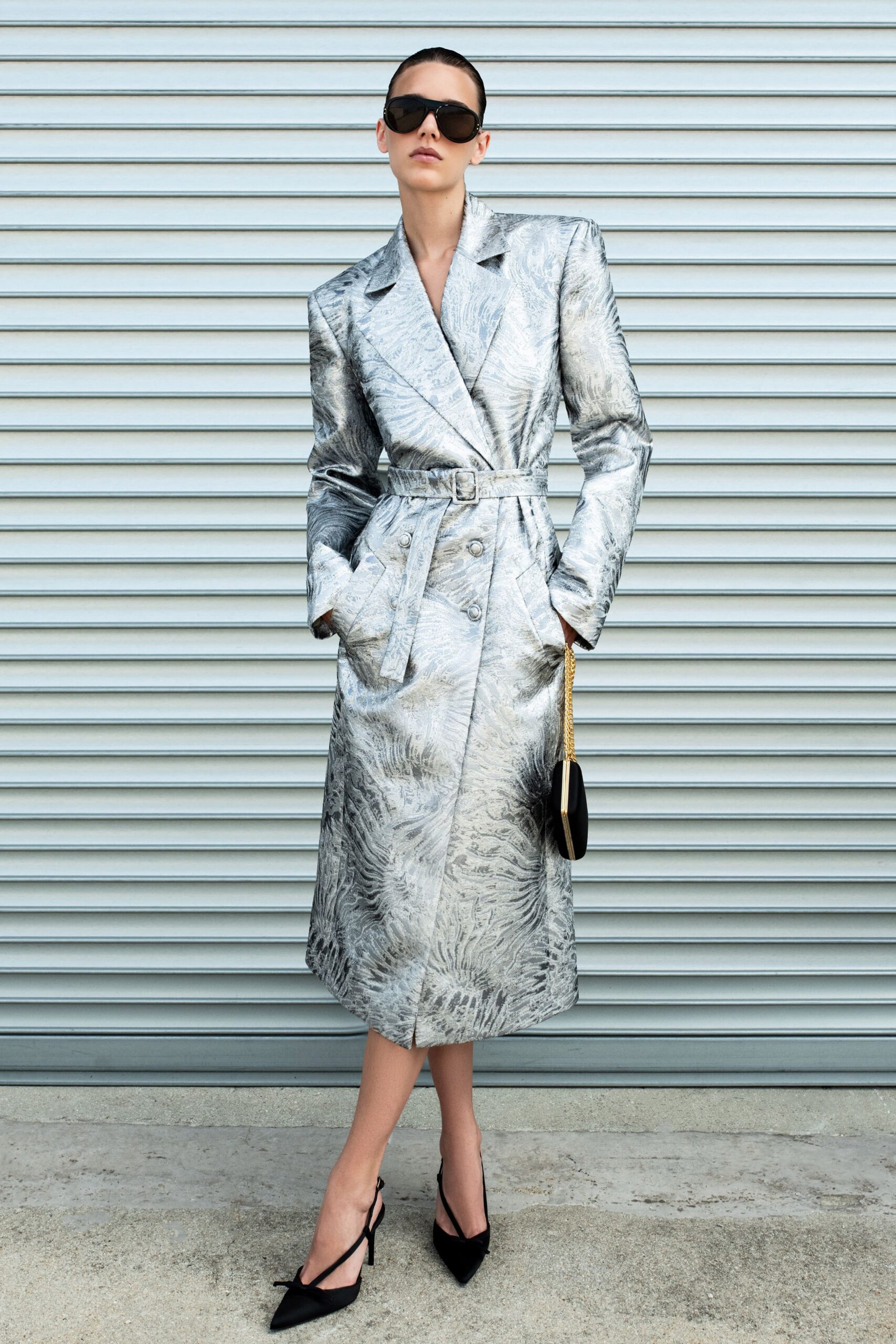 gray metallic long-sleeve collared tailored belted printed trench