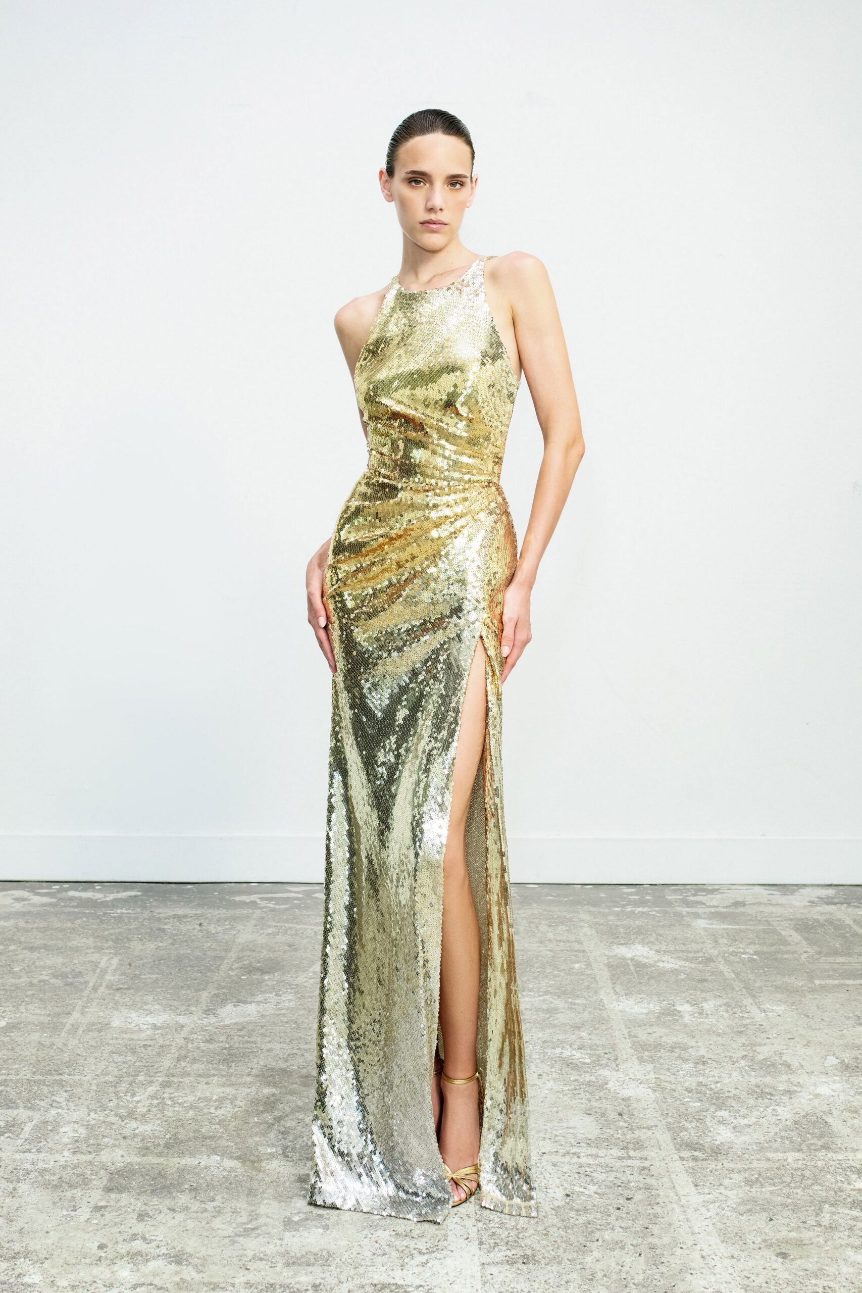 gold sequin sleeveless high-neck fitted shiny maxi gown