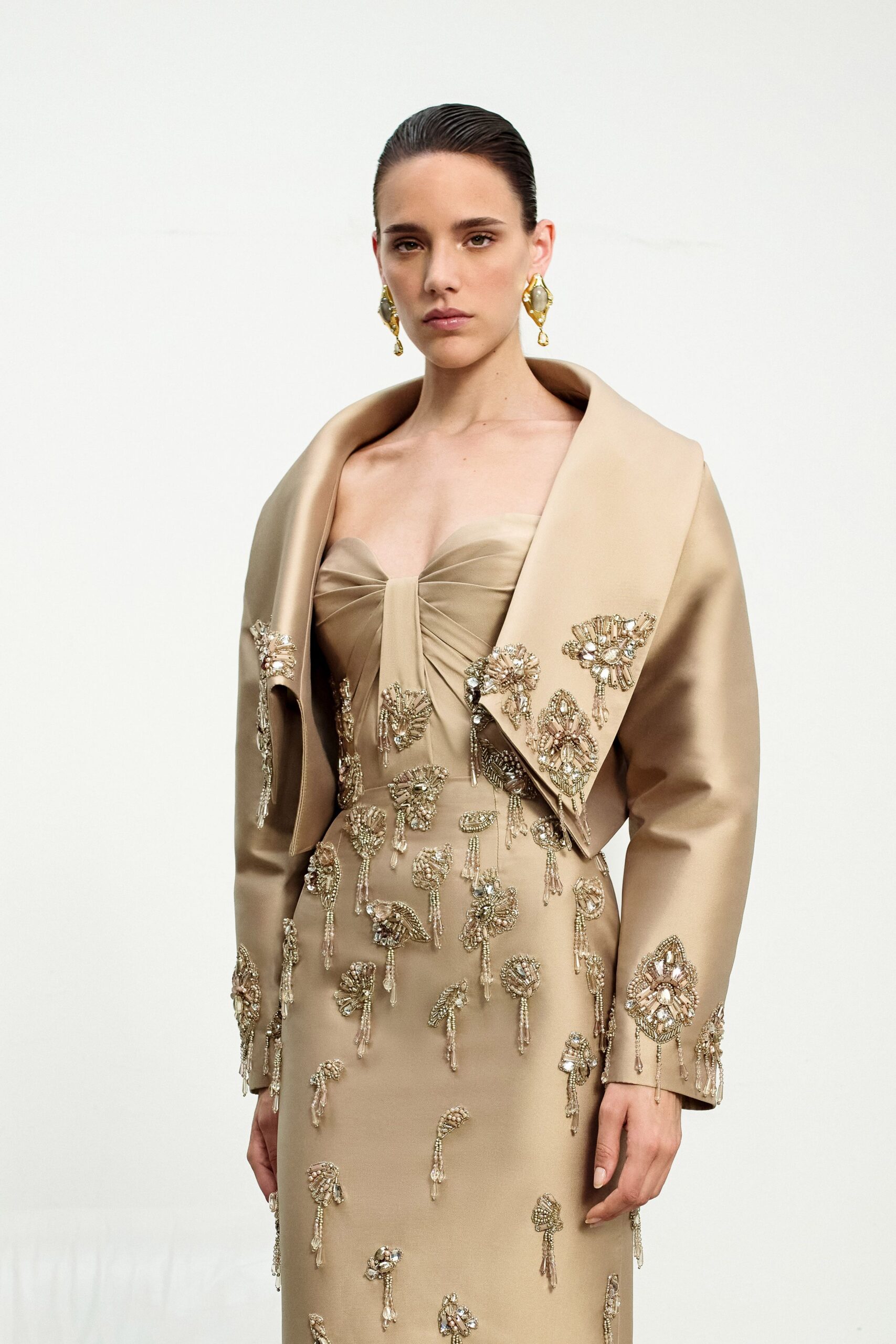 beige silk long-sleeve collared structured embroidered jacket