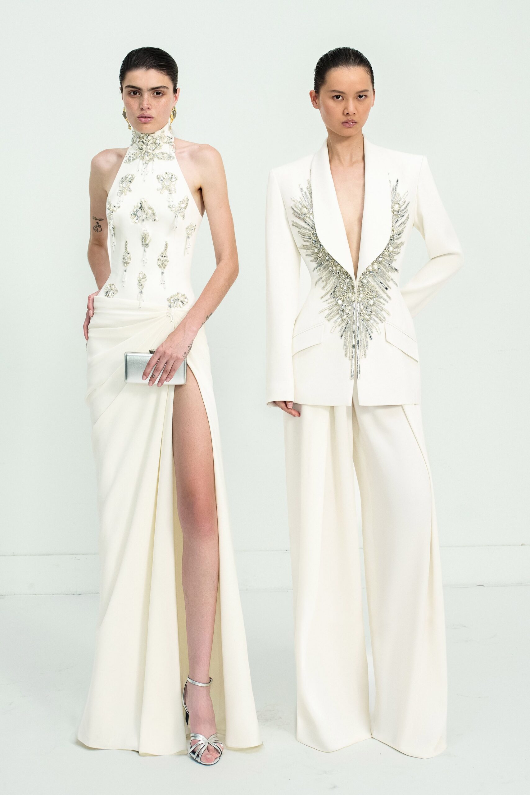 white silk sleeveless high-neck fitted embroidered maxi gown