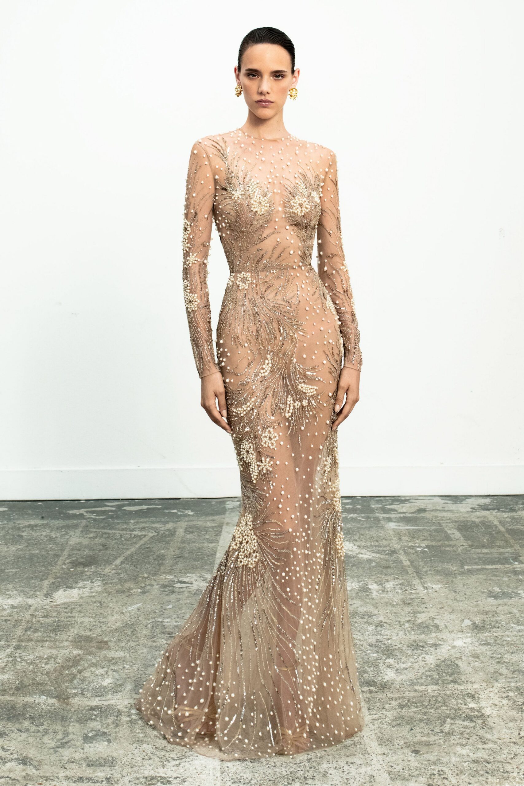 beige silk fitted gown