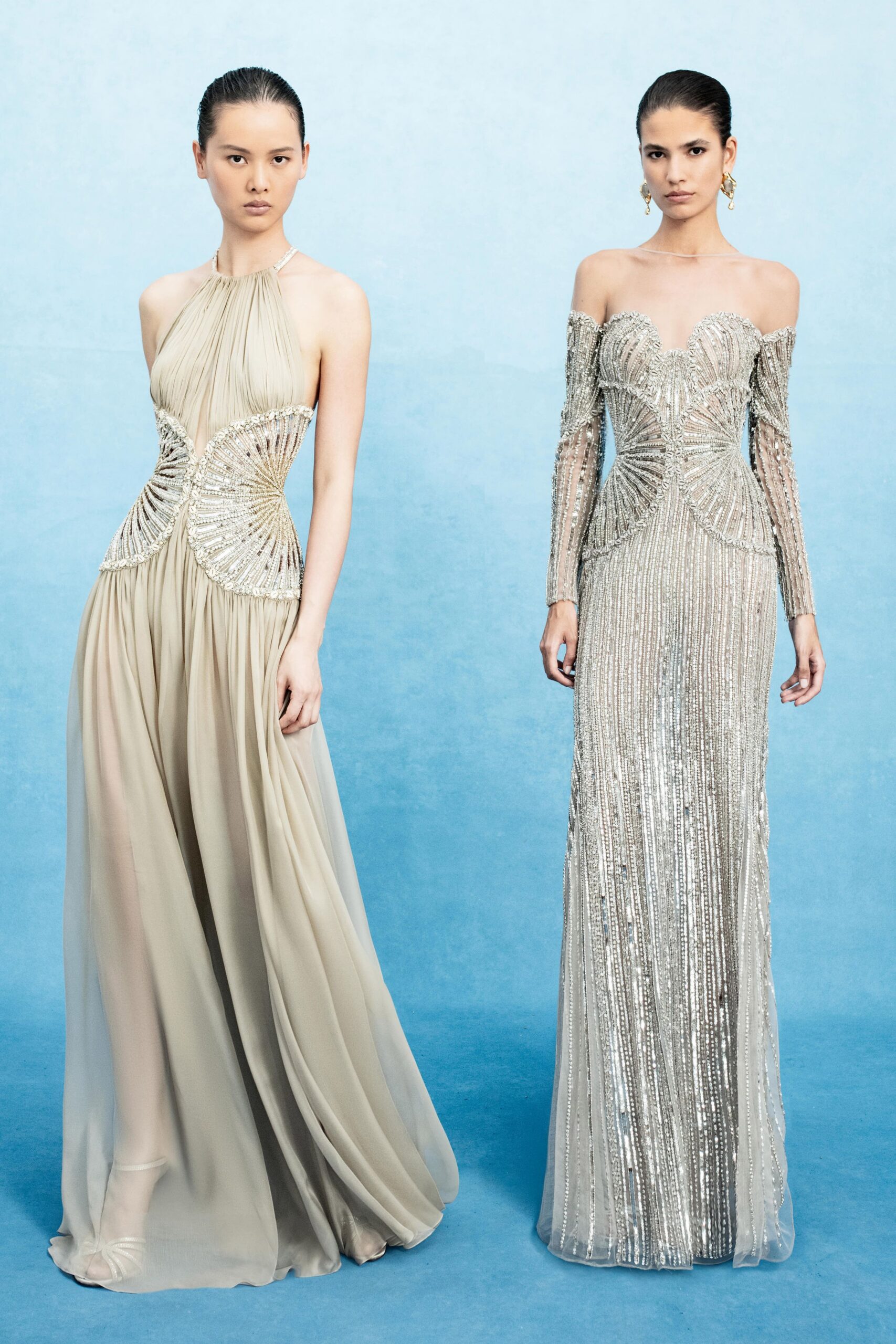beige silk sleeveless halter fitted draped flowing gown