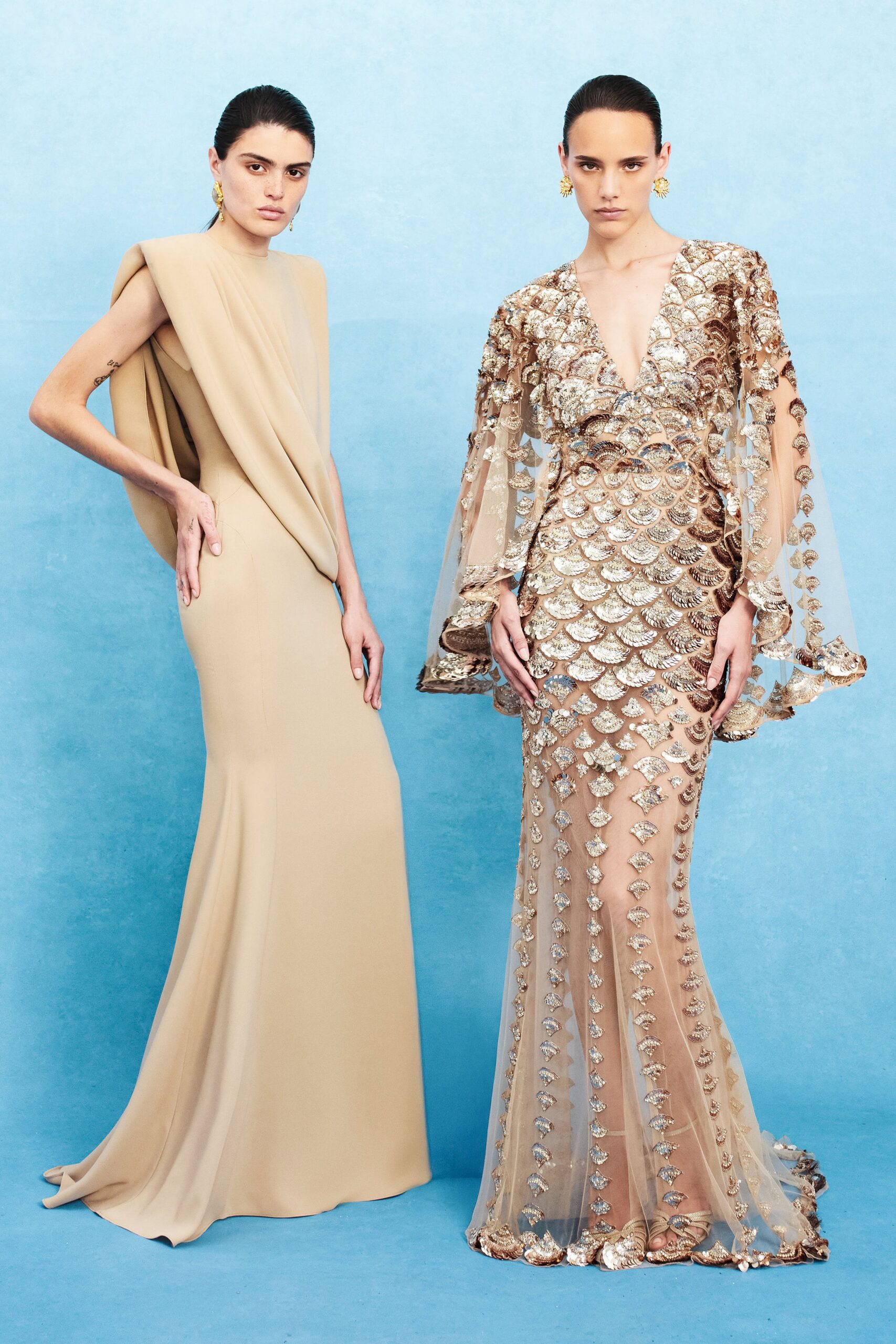 beige silk sleeveless v-neck fitted draped maxi gown