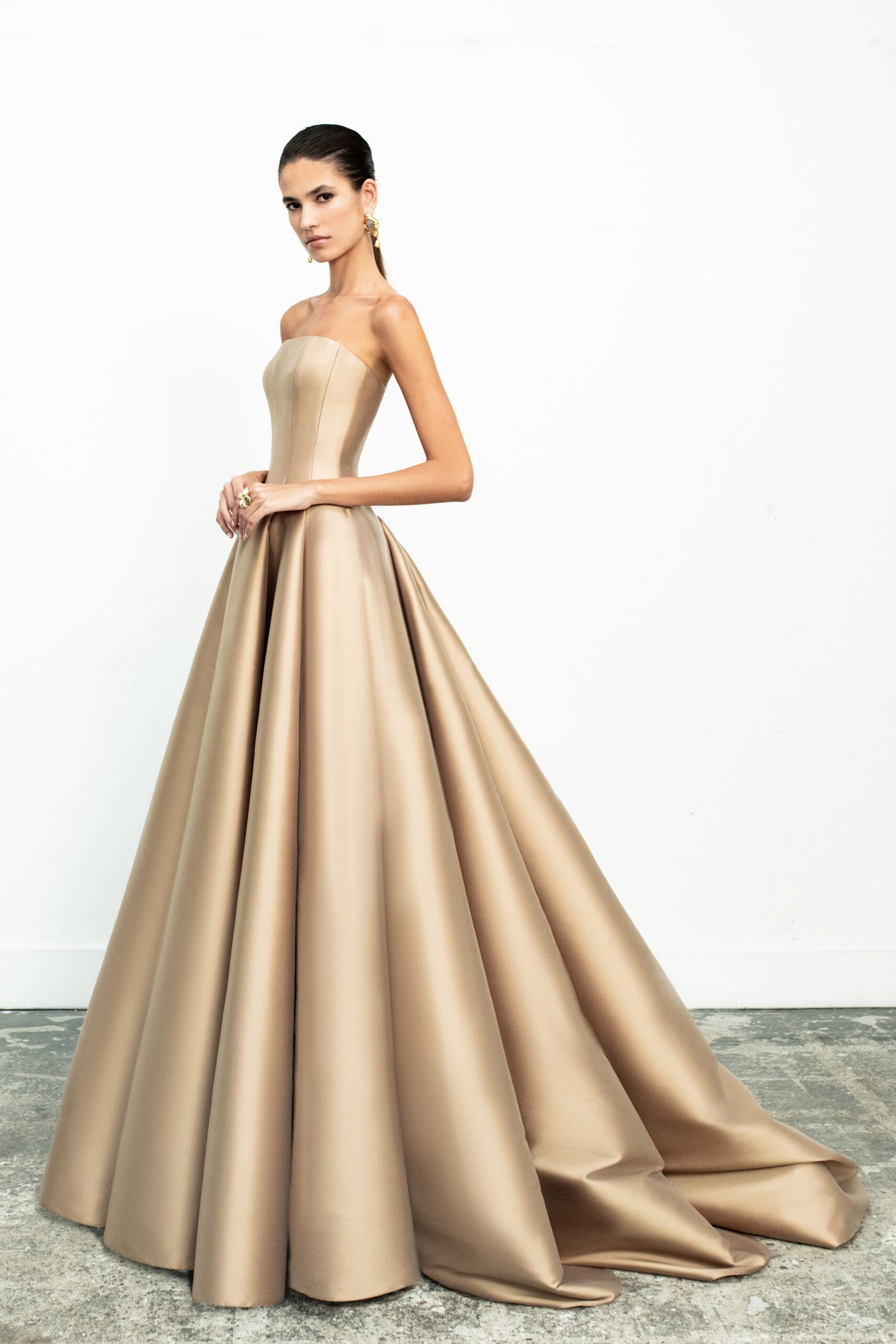 beige satin strapless gown