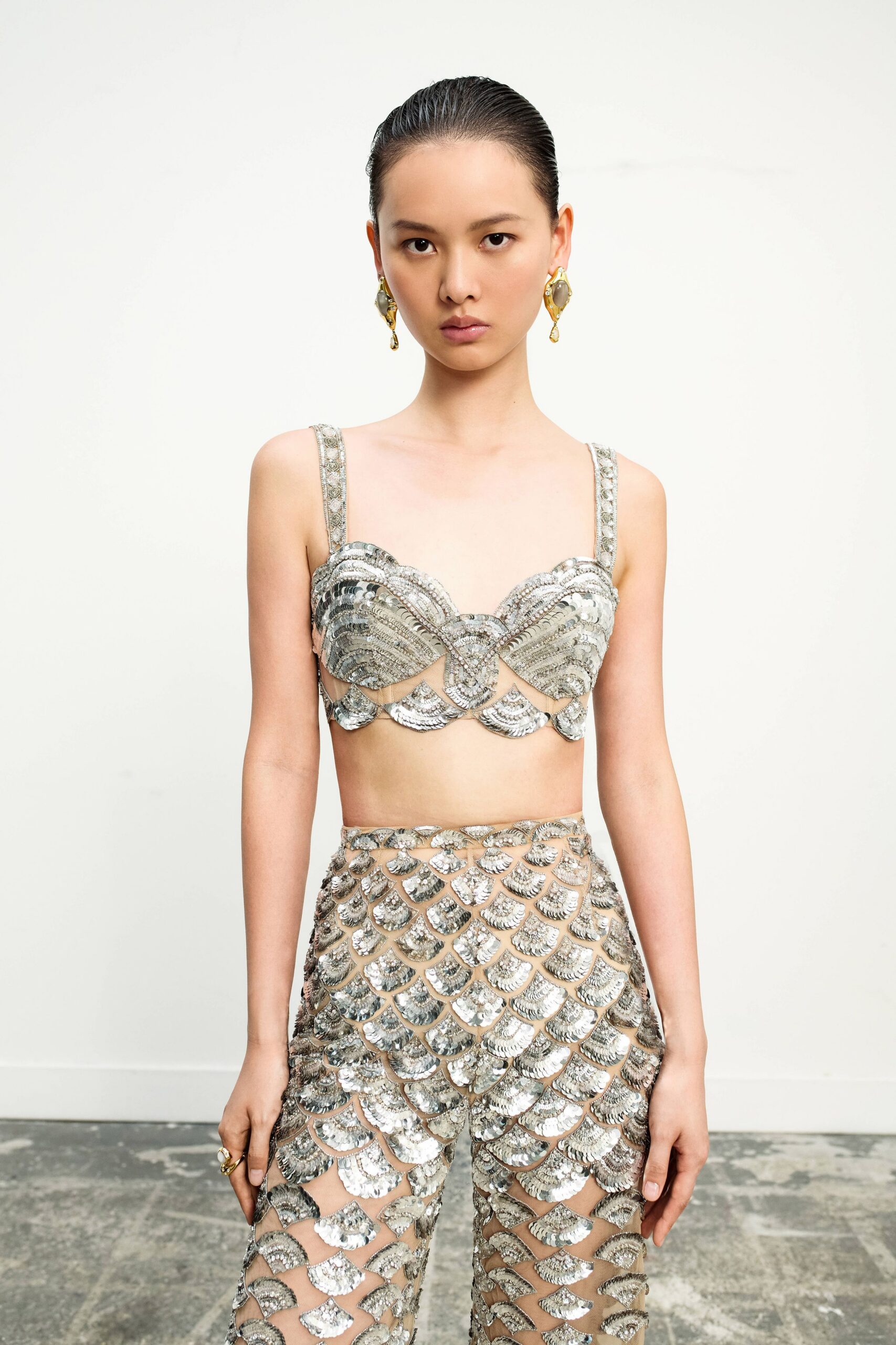 gray sequin sleeveless fitted embellished shiny bustier
