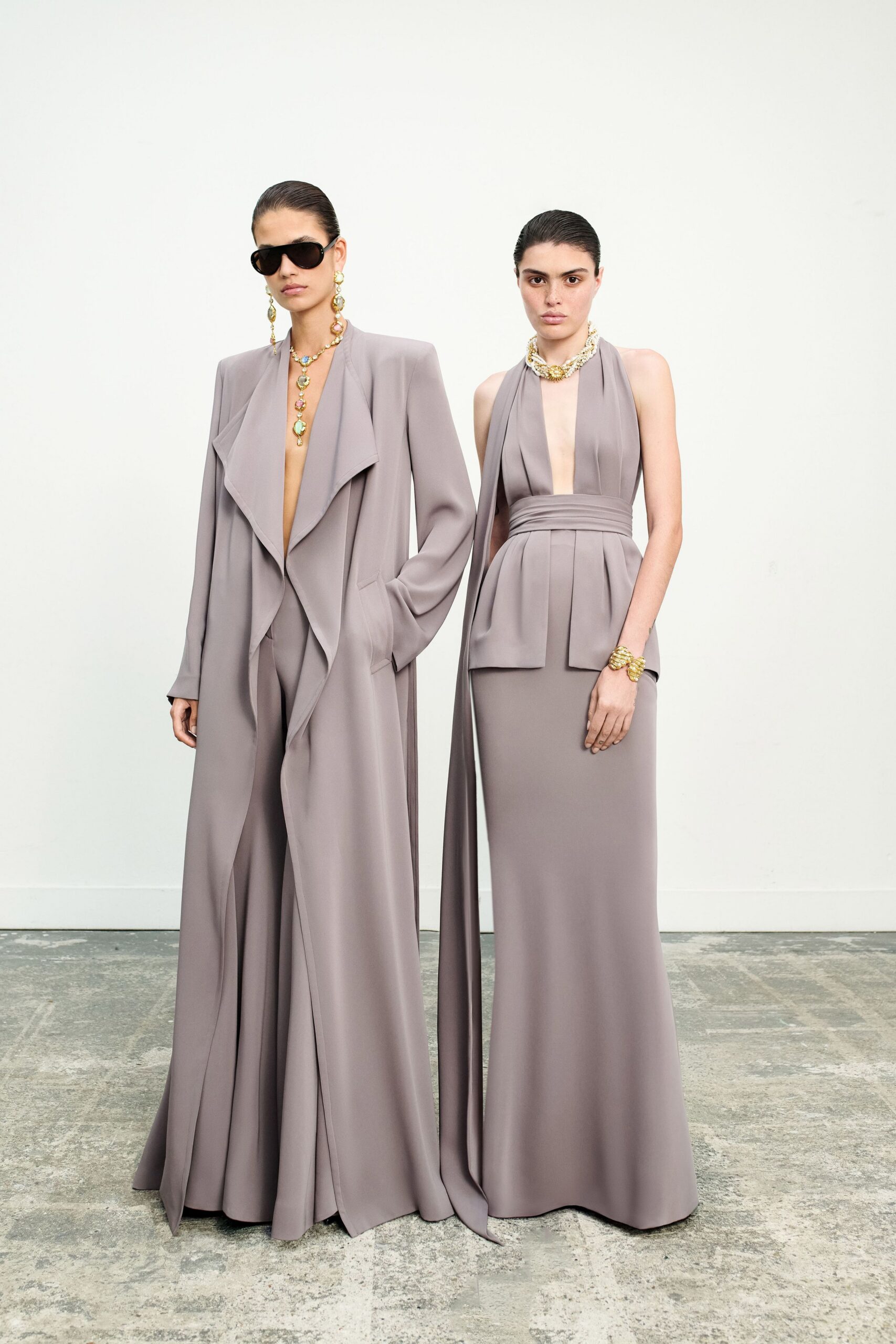 gray silk sleeveless halter fitted flared gown