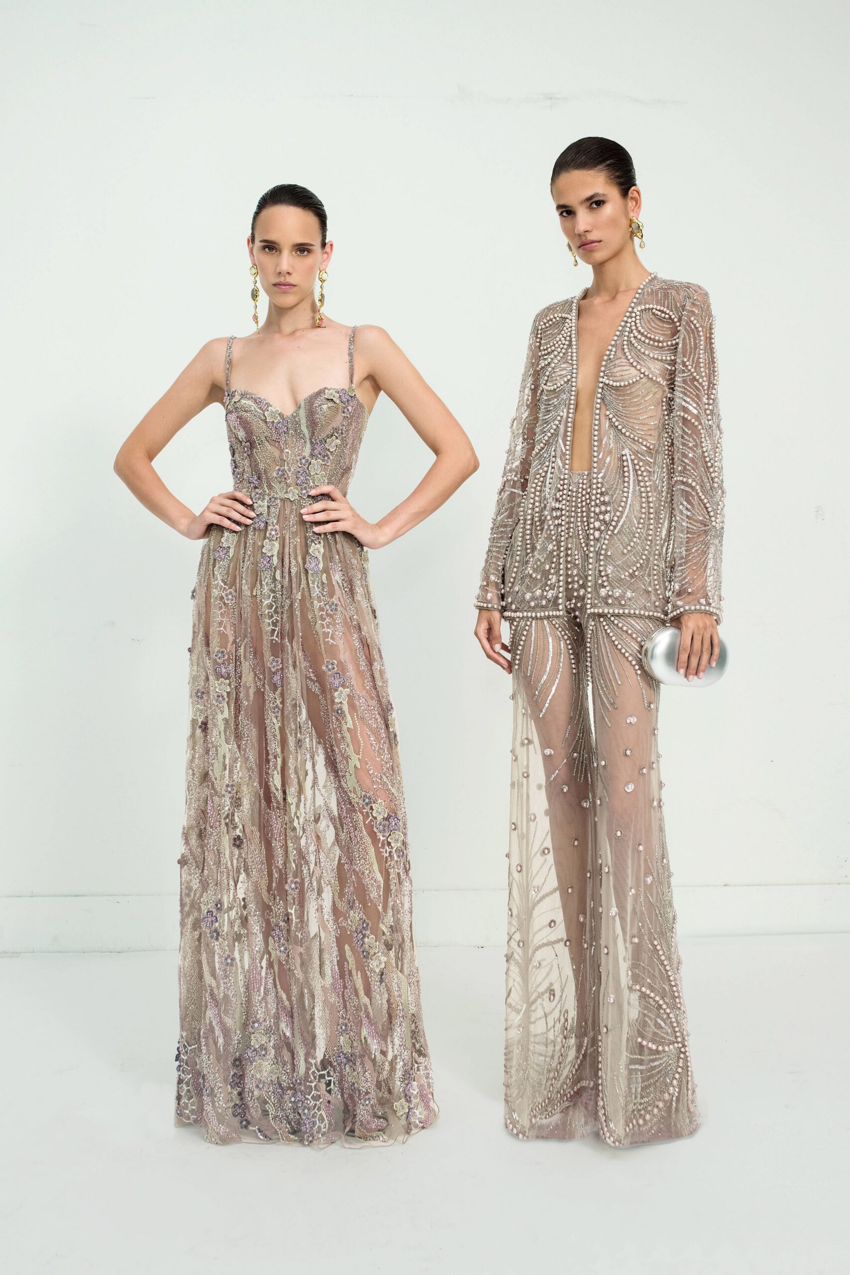 beige silk sleeveless v-neck fitted embroidered layered gown