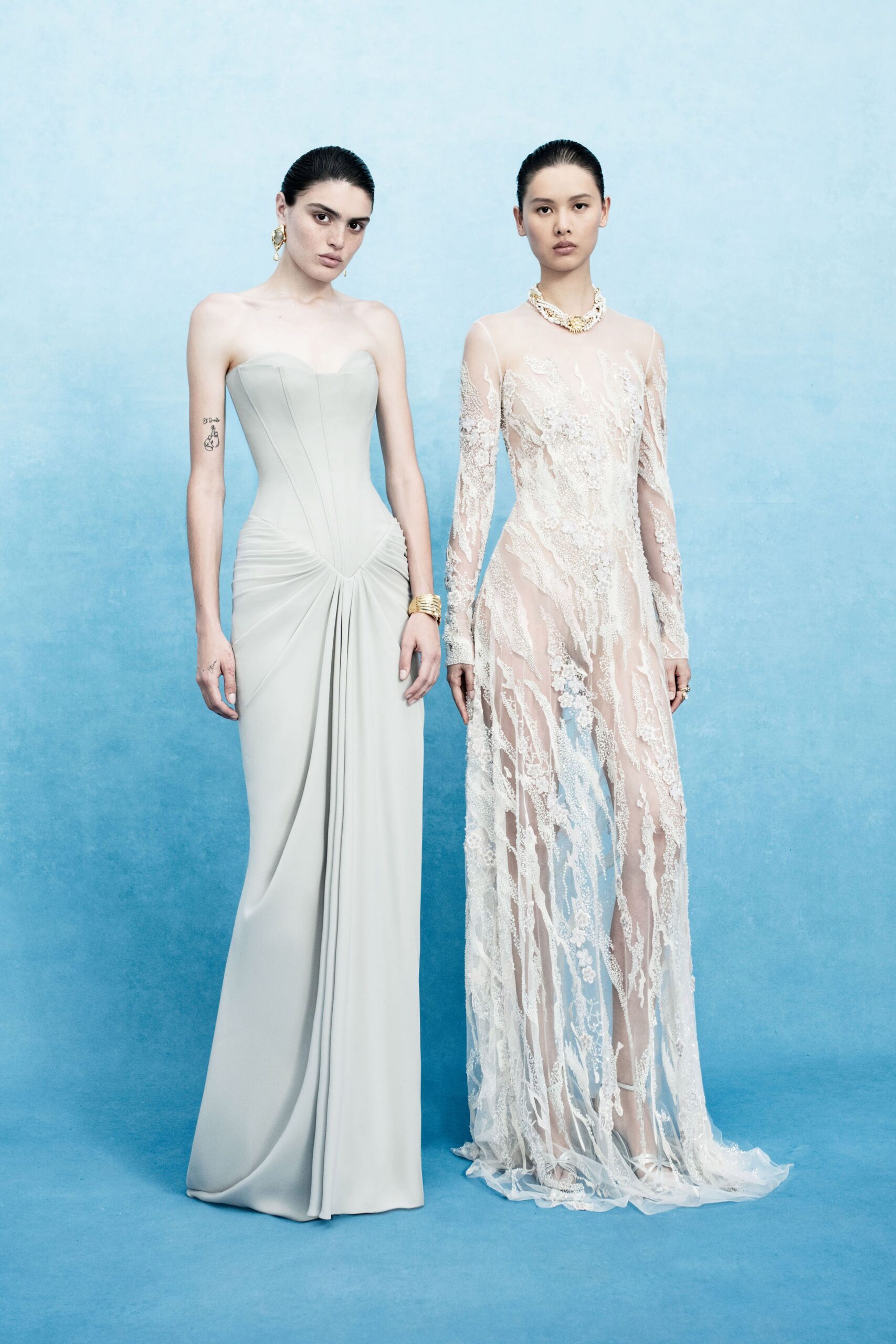gray silk strapless fitted ruched maxi gown