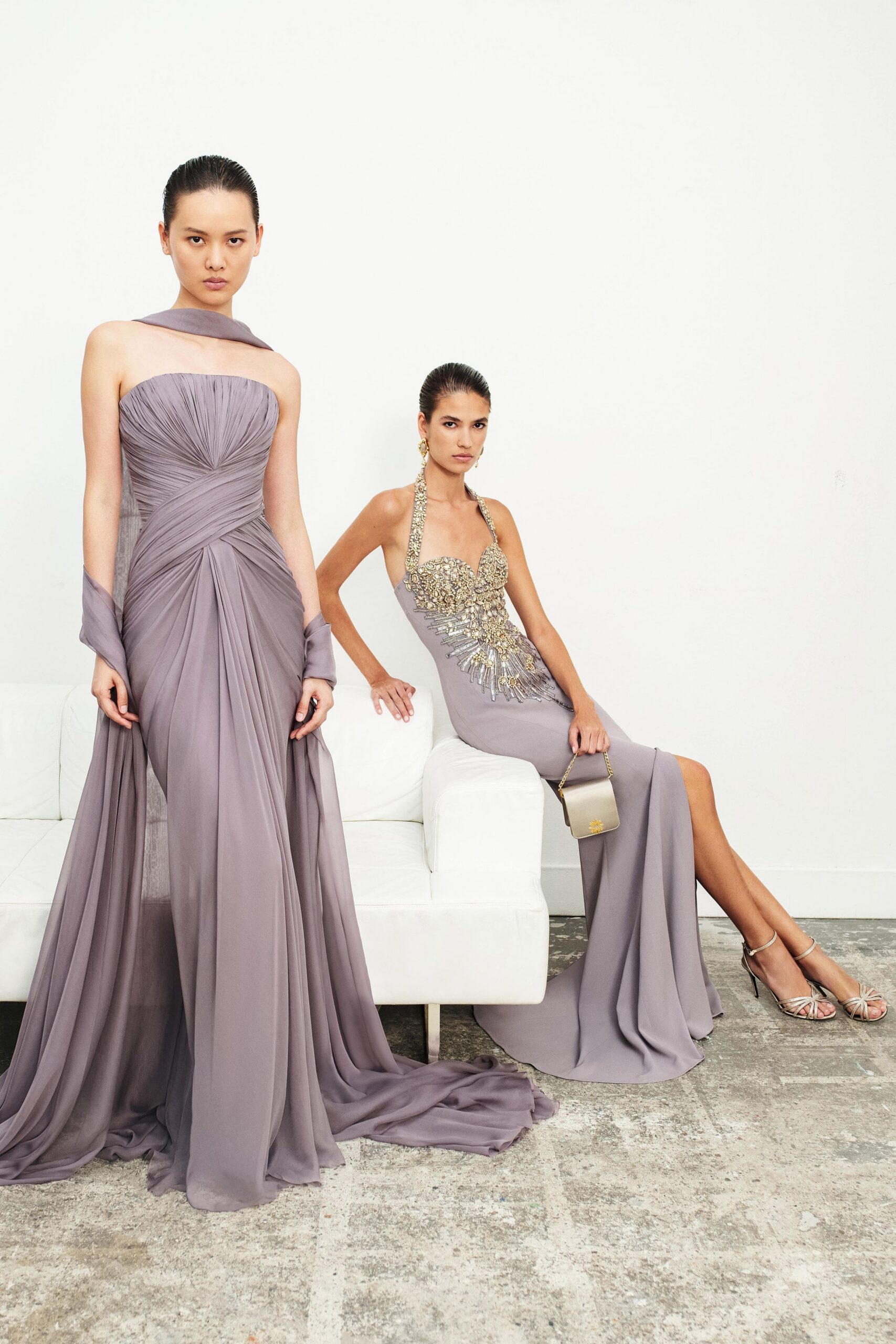 gray chiffon sleeveless v-neck fitted embellished maxi gown