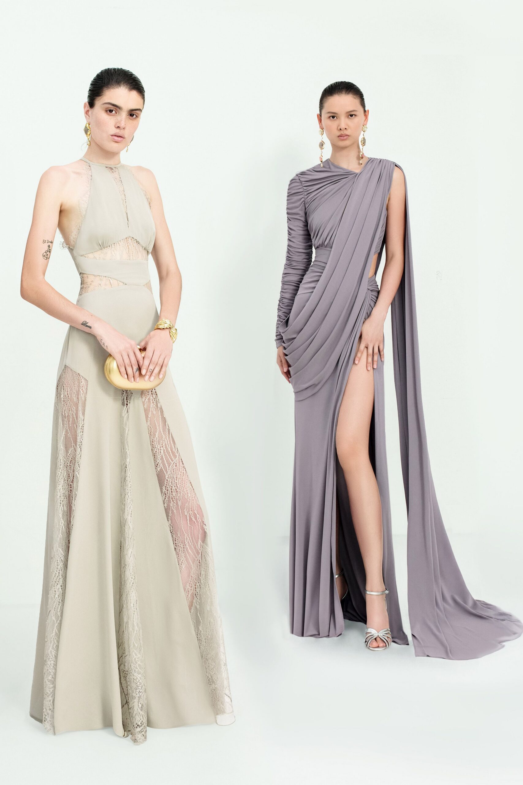 beige silk sleeveless halter fitted pleated maxi gown