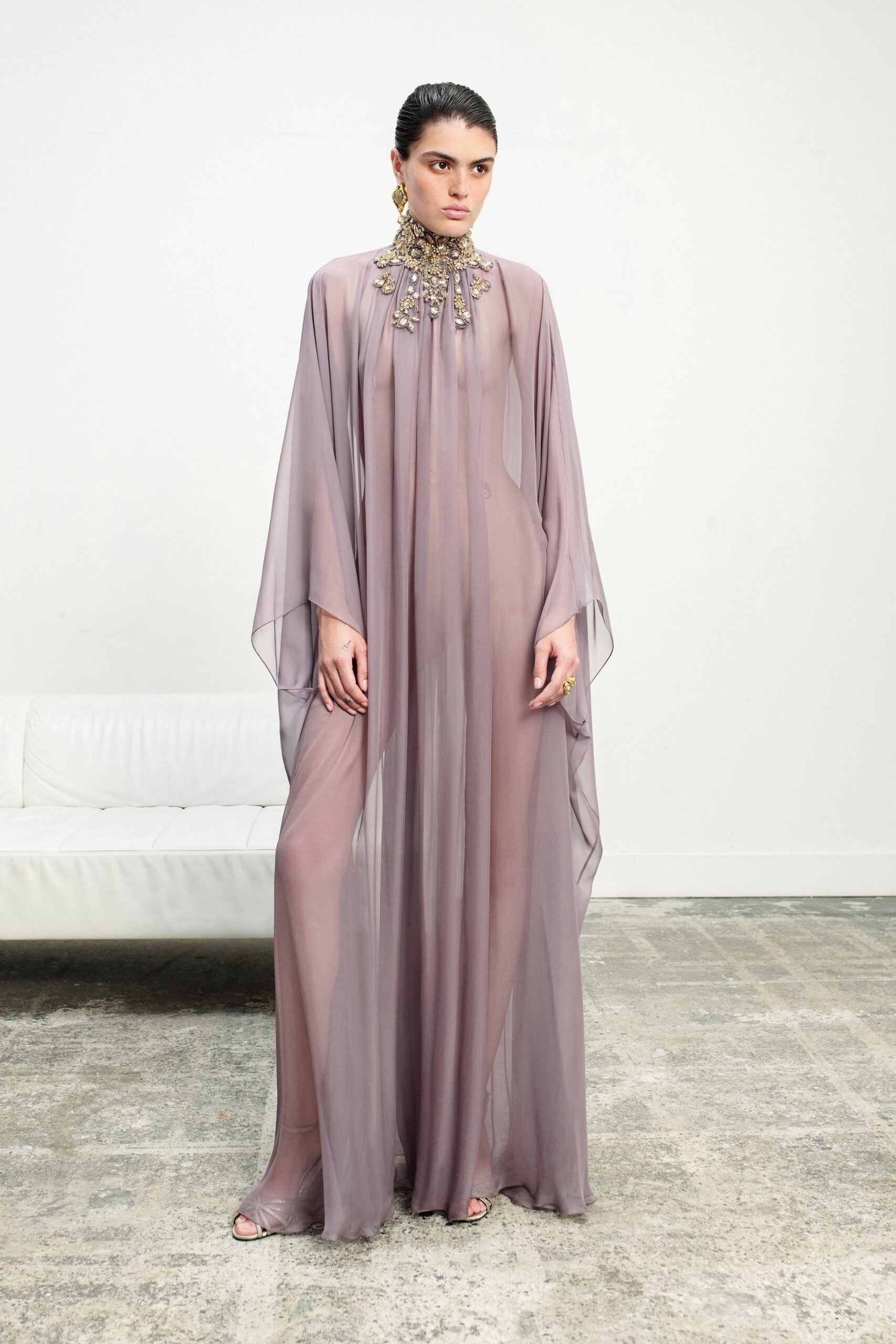 purple sheer flowing gown