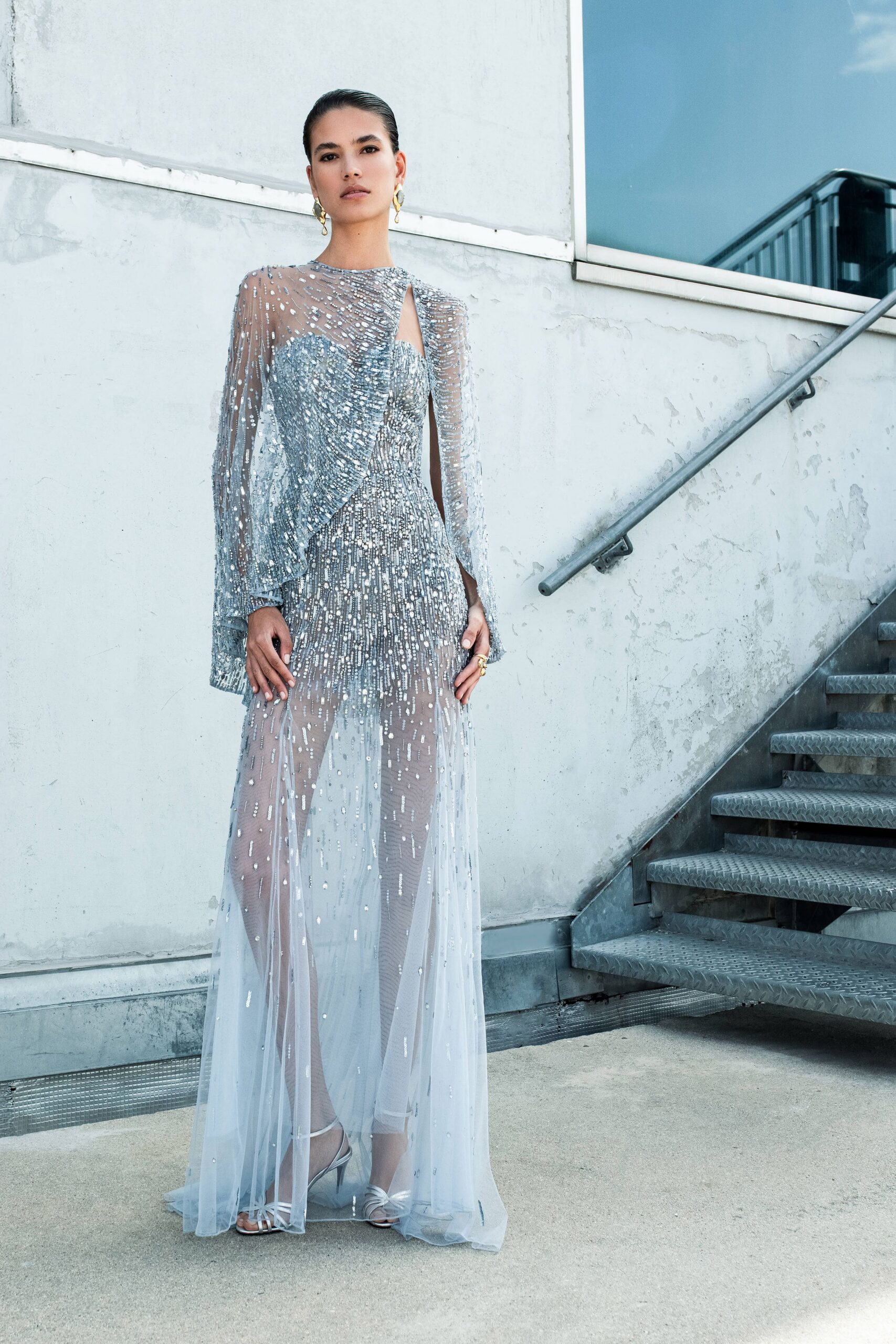 gray tulle long-sleeve v-neck fitted beaded layered gown