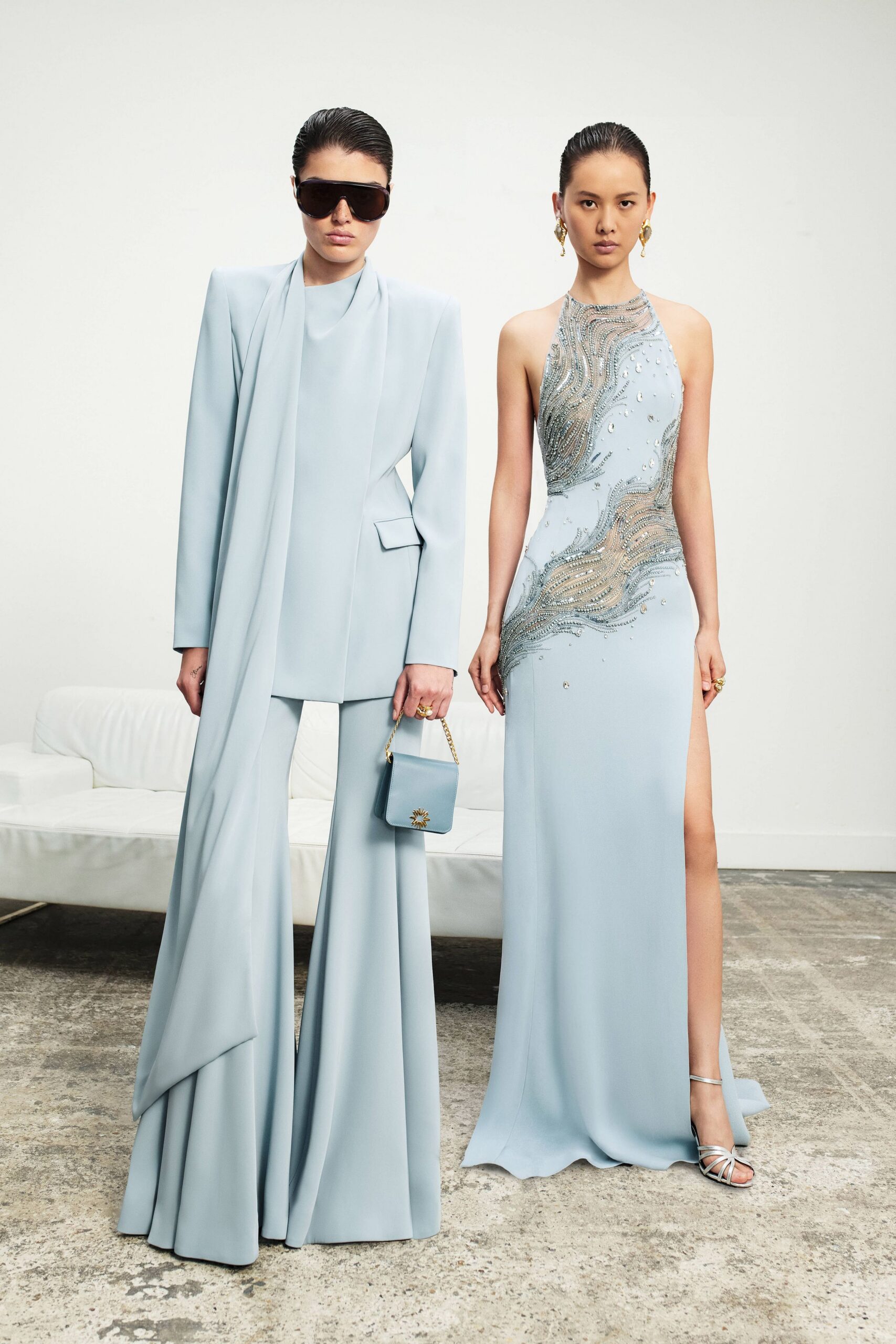 blue sleeveless high-neck fitted maxi dress