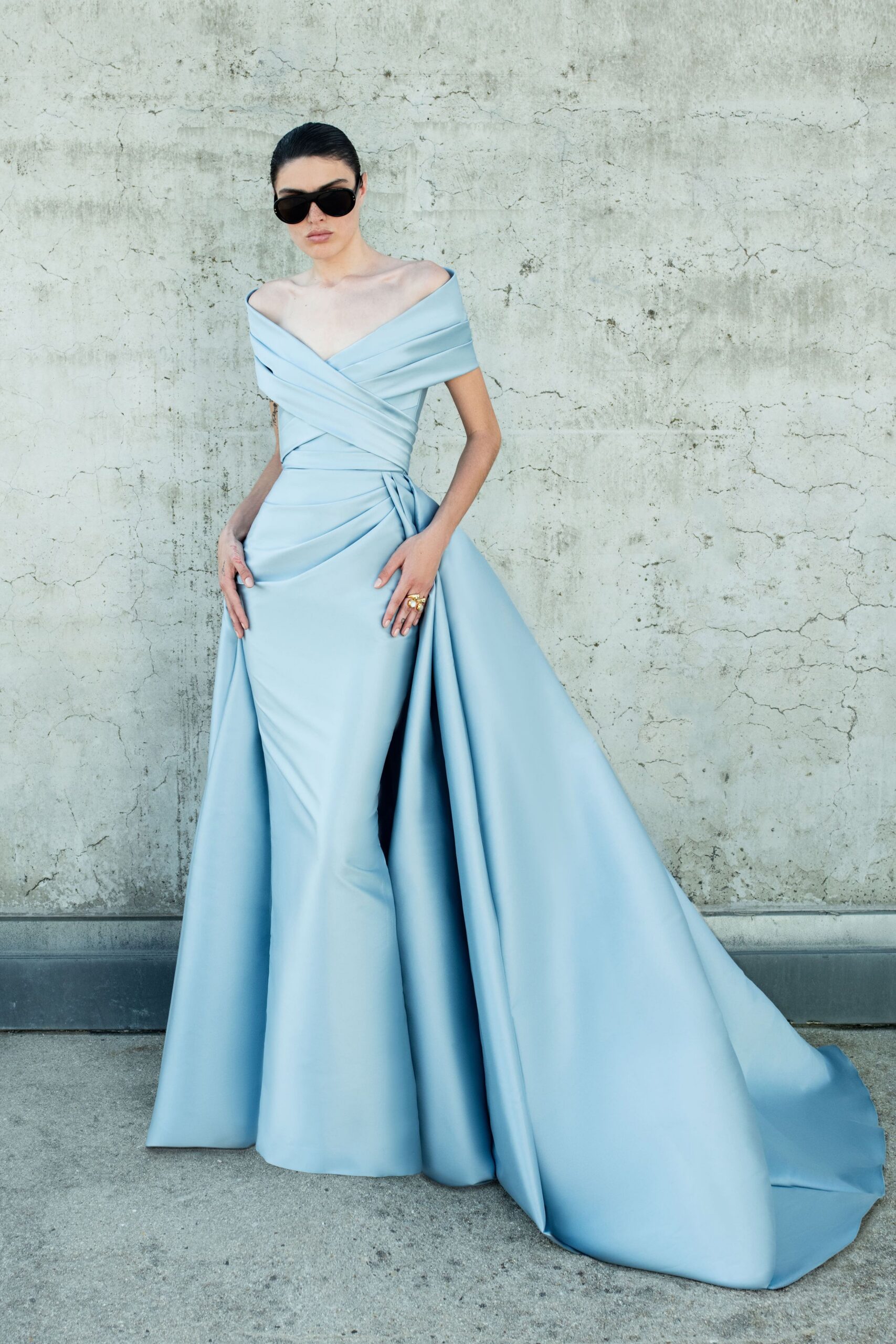blue satin off-shoulder fitted draped tiered maxi gown