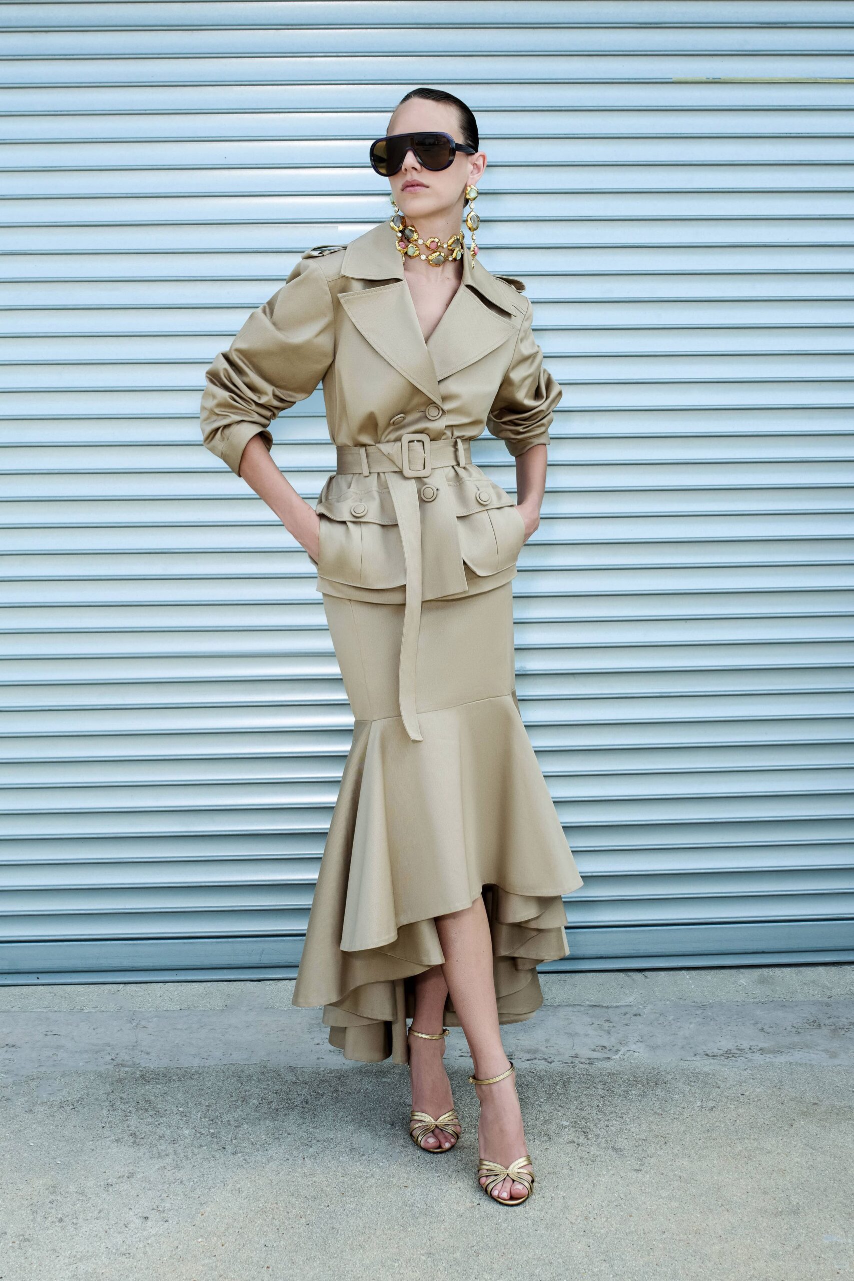 beige silk long-sleeve collared fitted belted flared dress