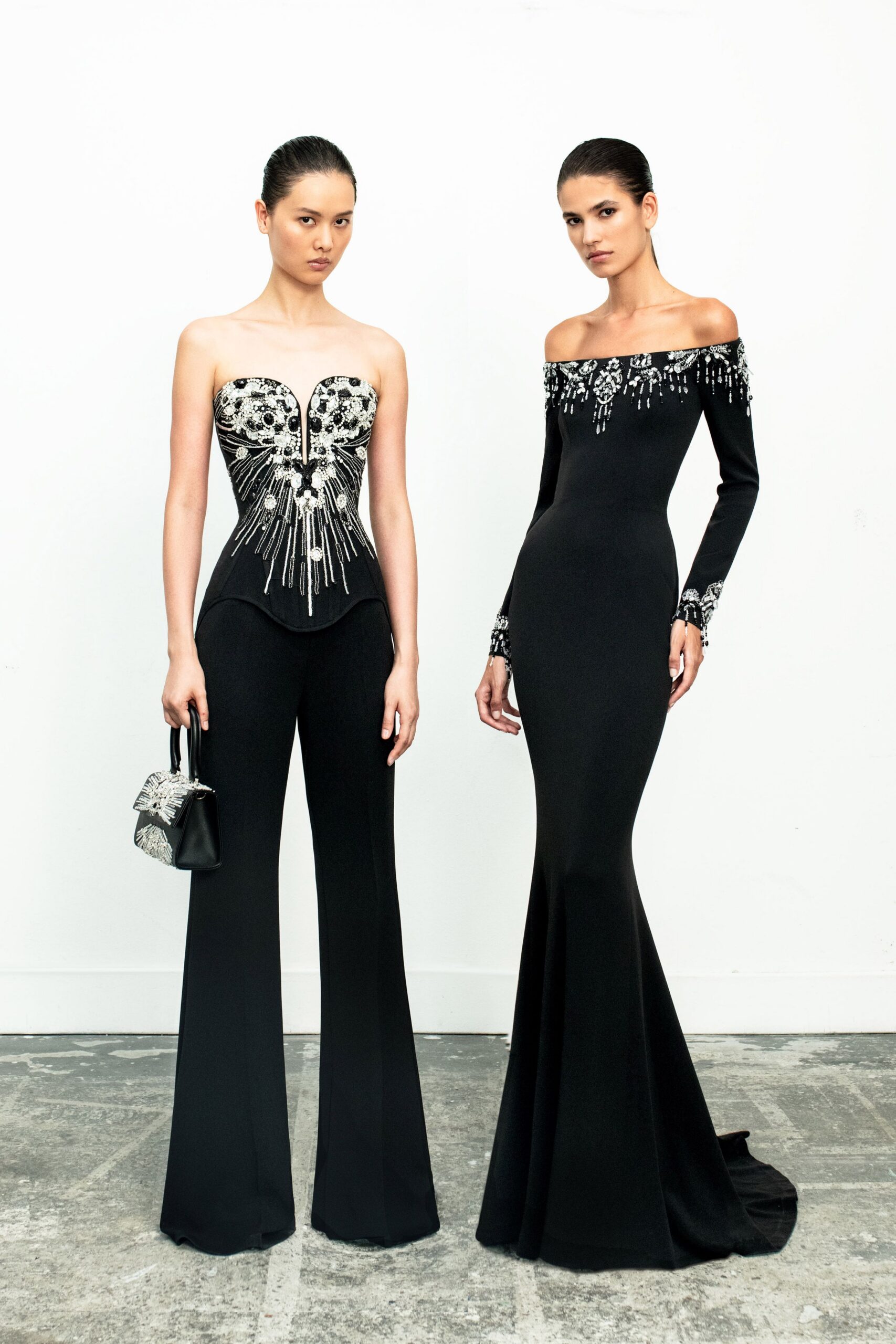 black silk sleeveless v-neck fitted structured beaded jumpsuit