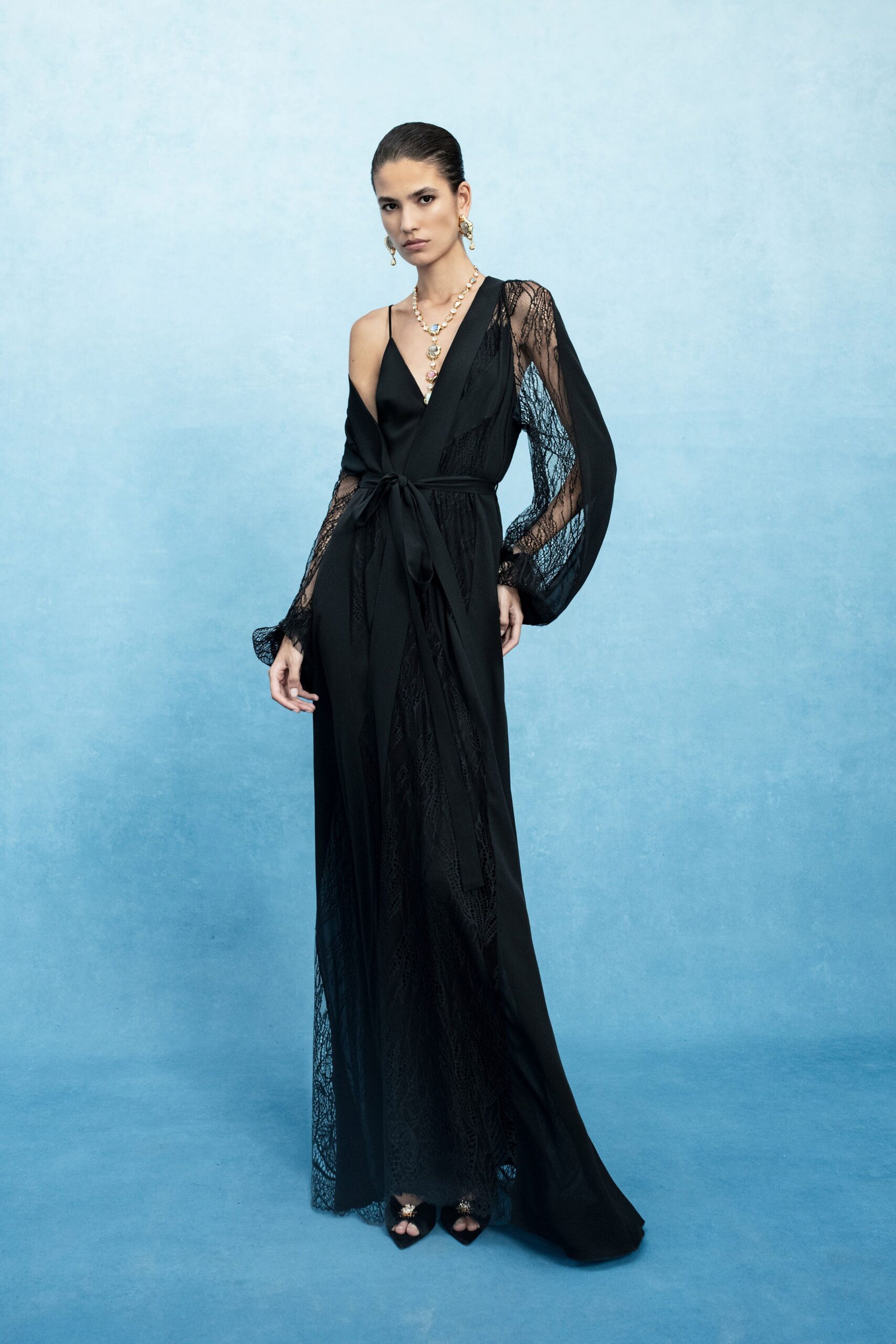 black silk long-sleeve v-neck fitted layered embroidered gown