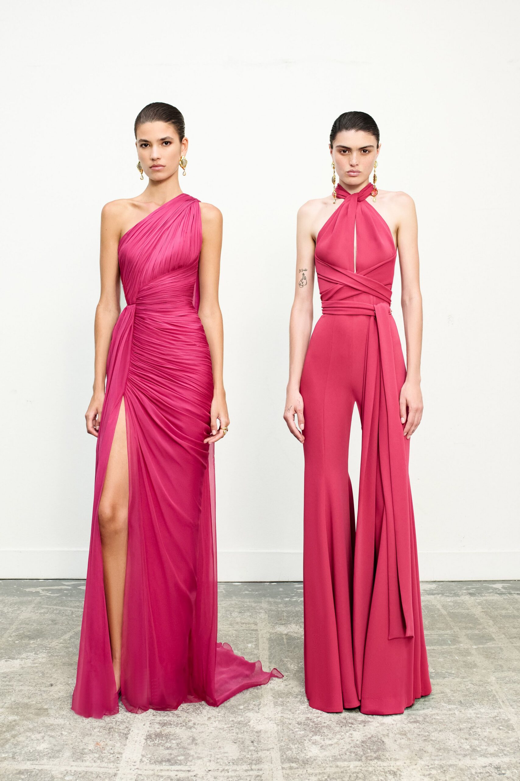pink chiffon sleeveless v-neck fitted ruched flowing gown