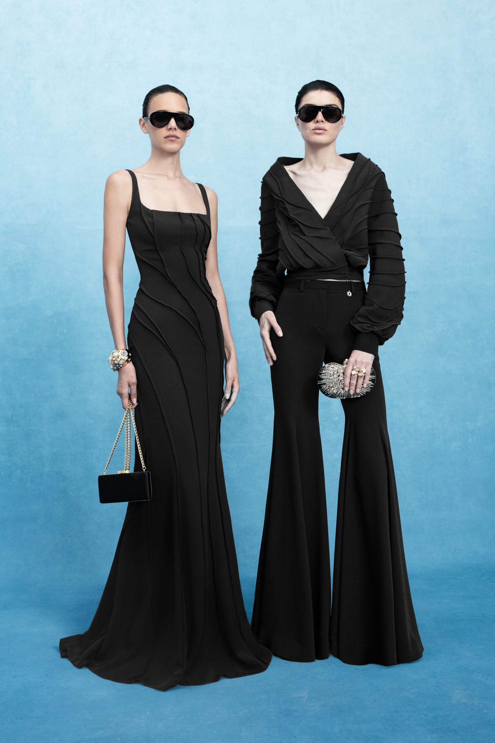black silk sleeveless square-neck fitted ruched maxi gown