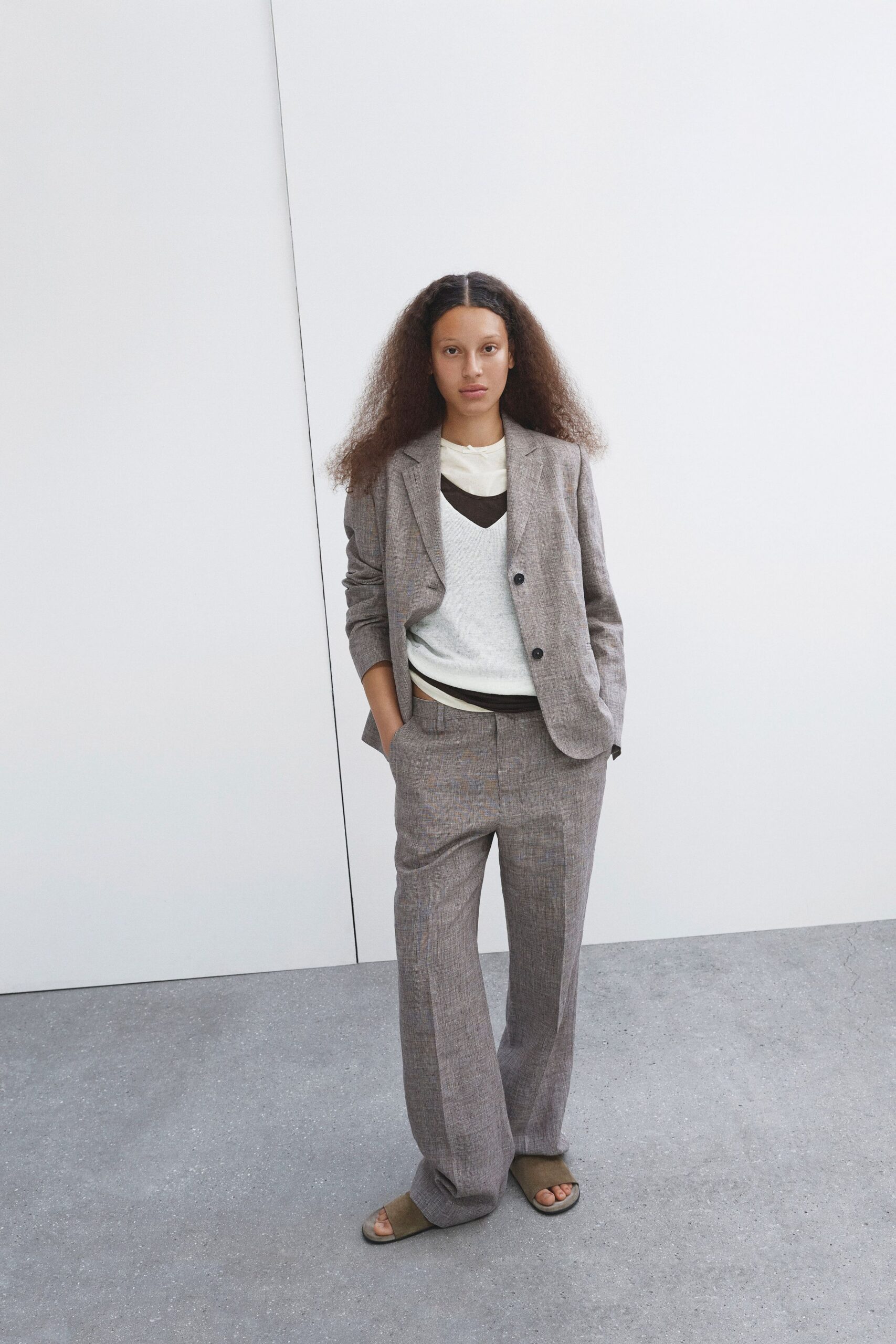 brown linen relaxed wide-leg pants