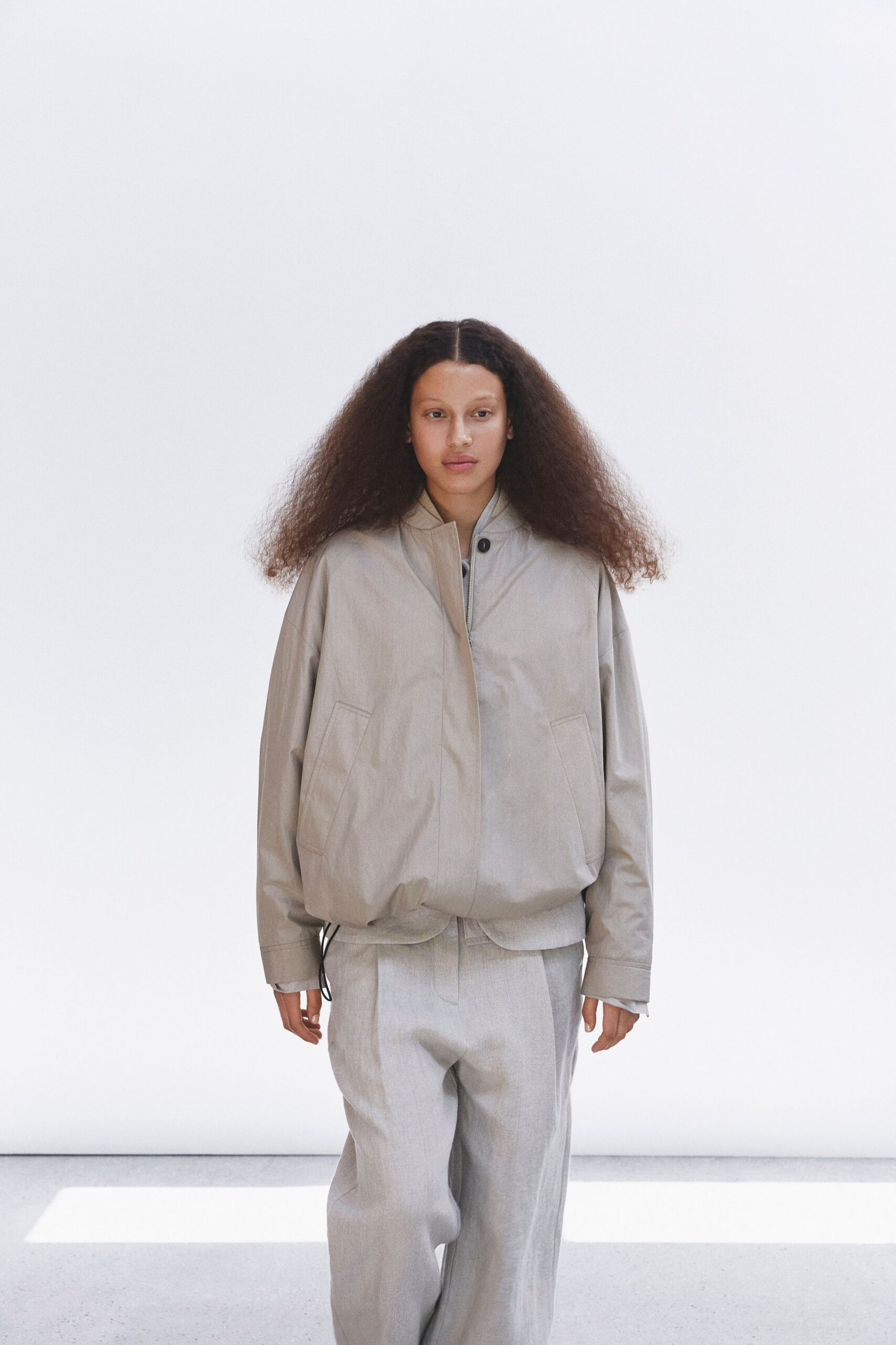 beige cotton long-sleeve collared oversized jacket