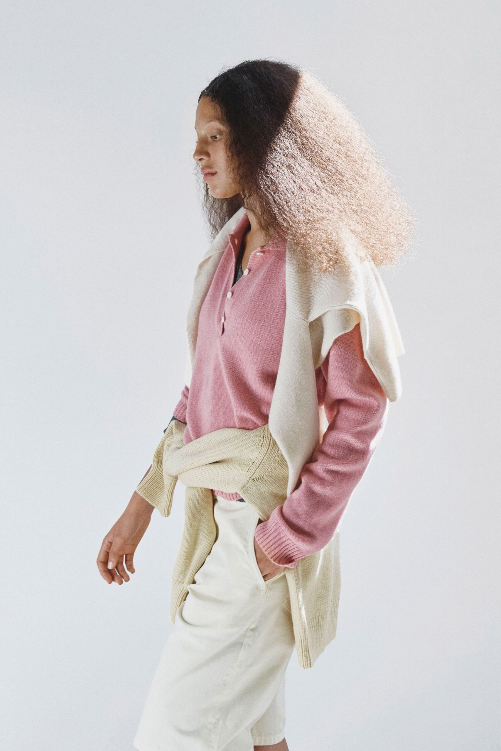 pink cotton long-sleeve collared fitted sweater