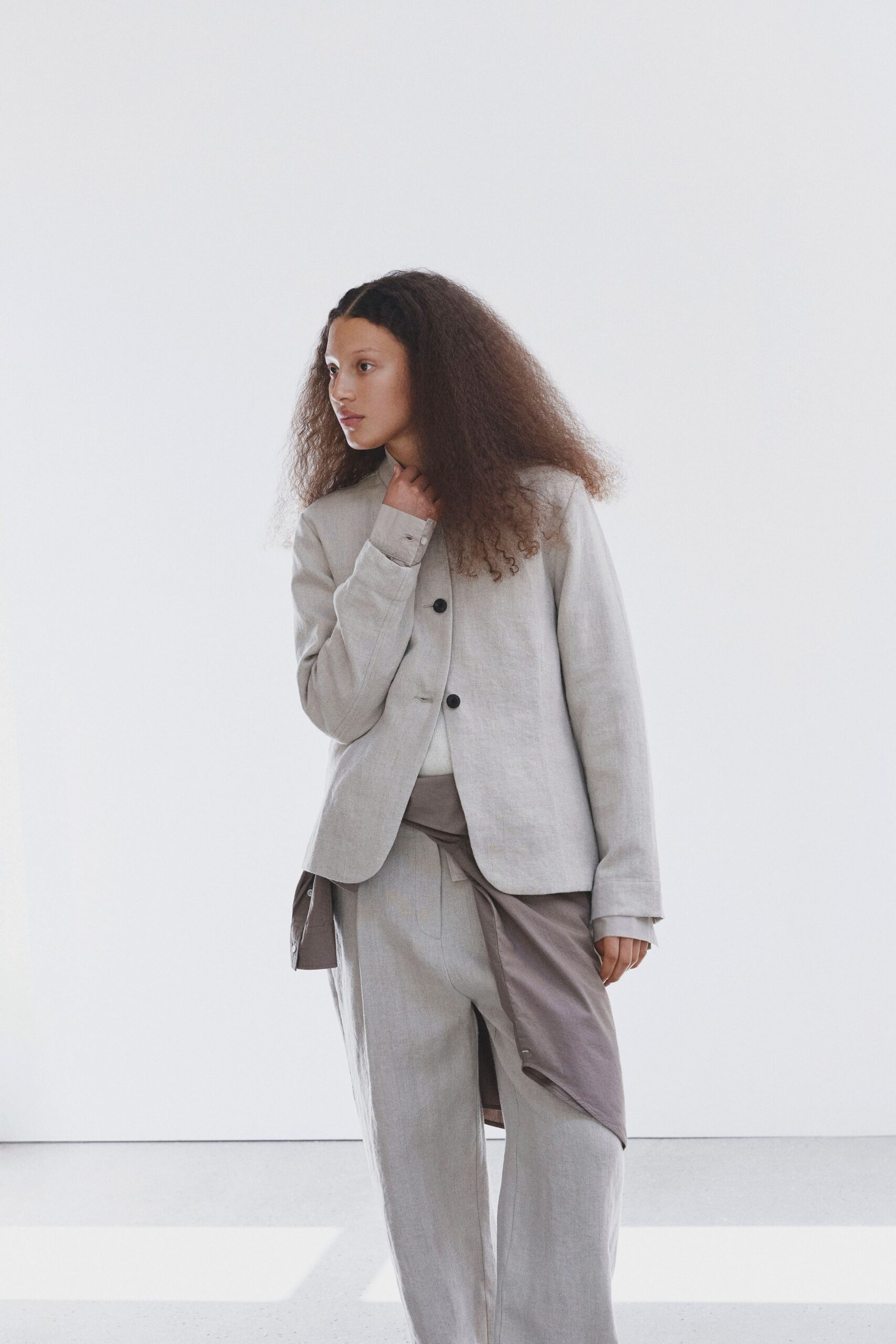 beige linen long-sleeve collared structured blazer