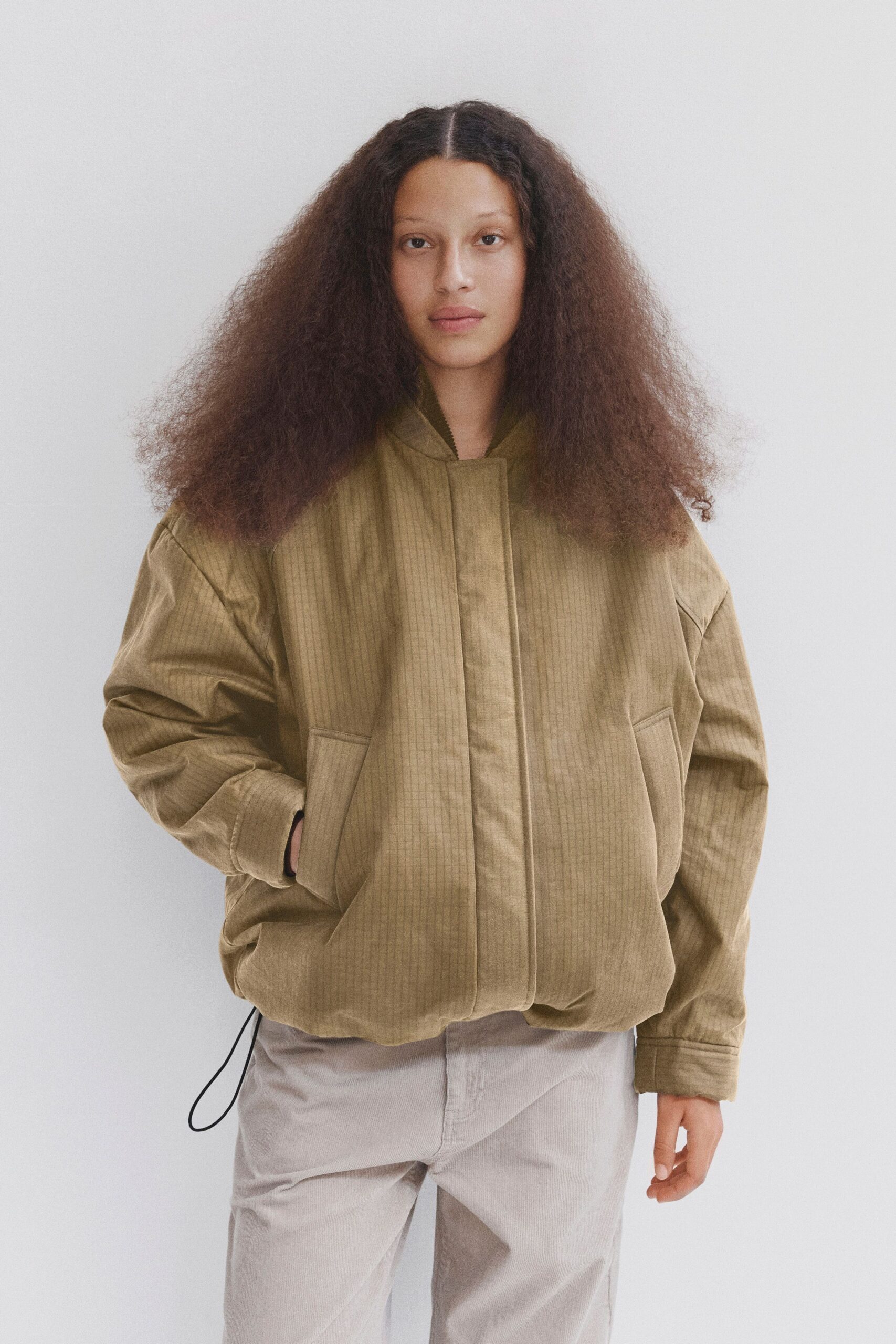 brown cotton long-sleeve hooded oversized zippered jacket