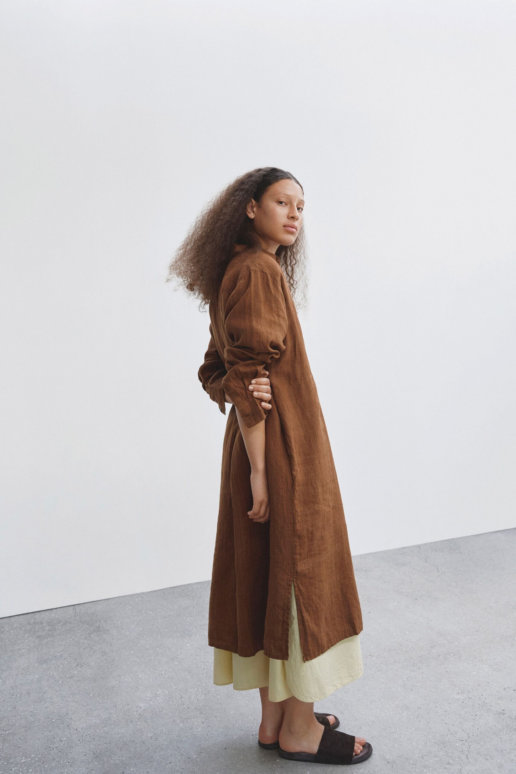 brown cotton long-sleeve collared relaxed maxi dress
