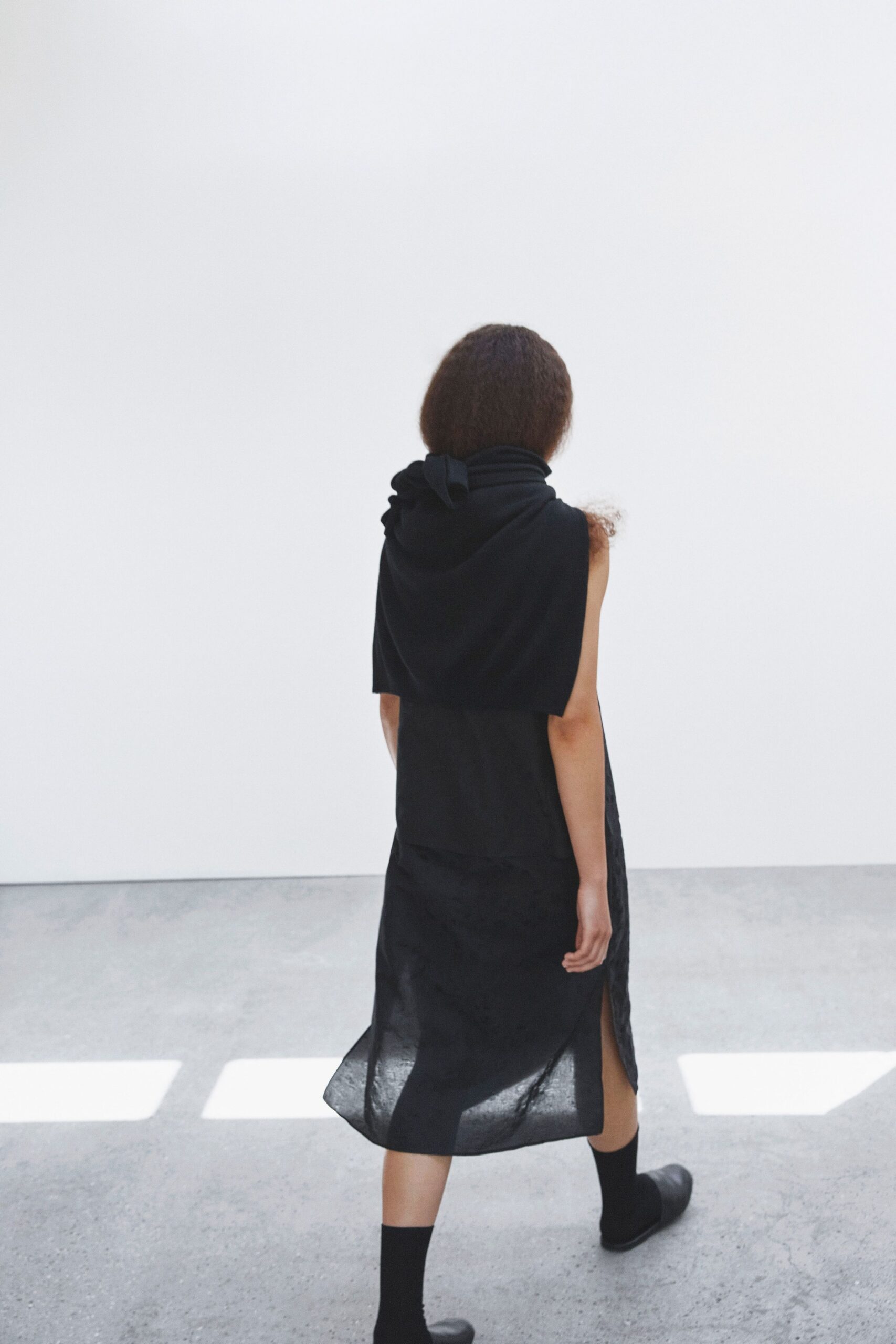 black chiffon high-neck asymmetric draped sheer flowing midi-dress
