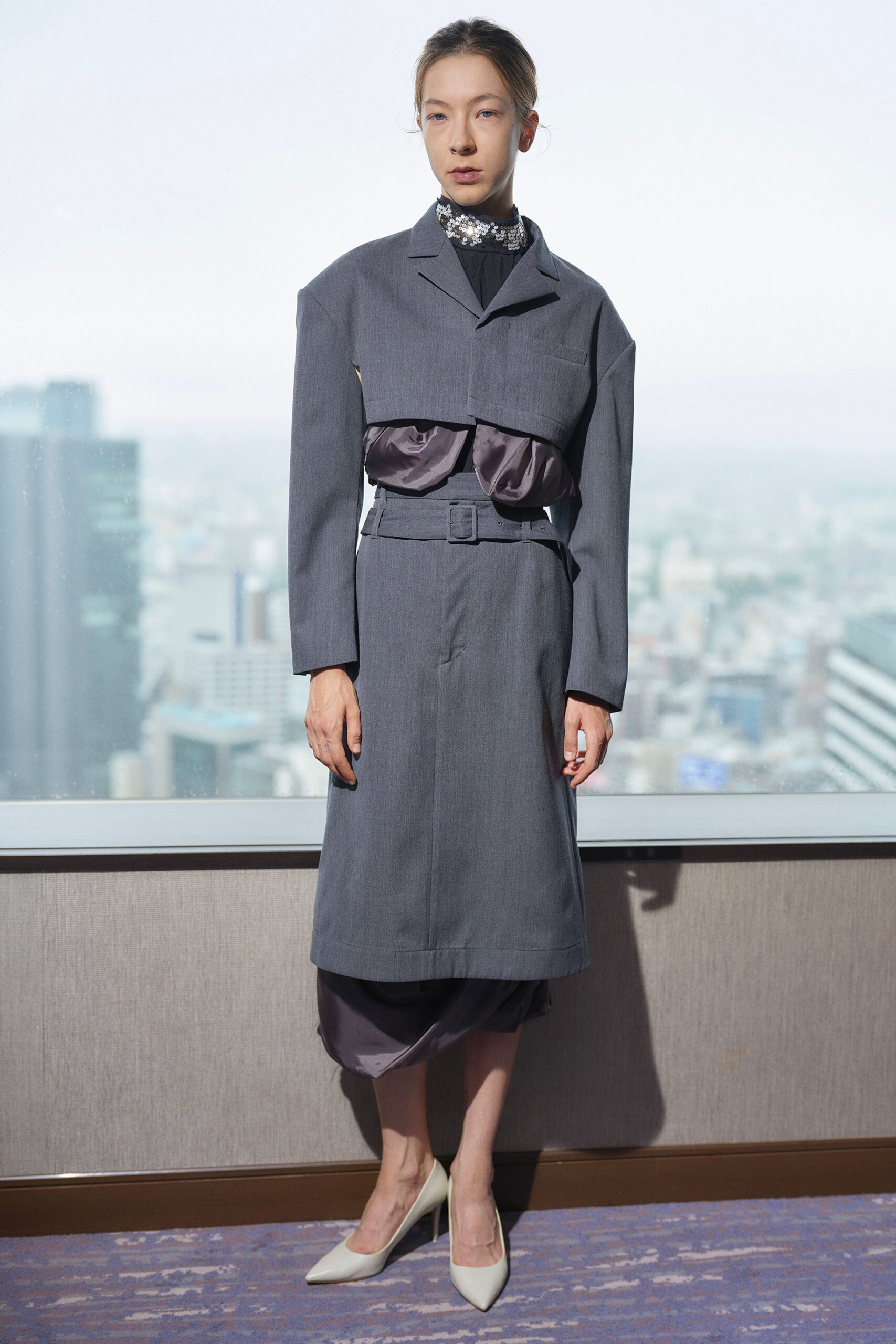 gray cotton long-sleeve collared fitted belted midi dress