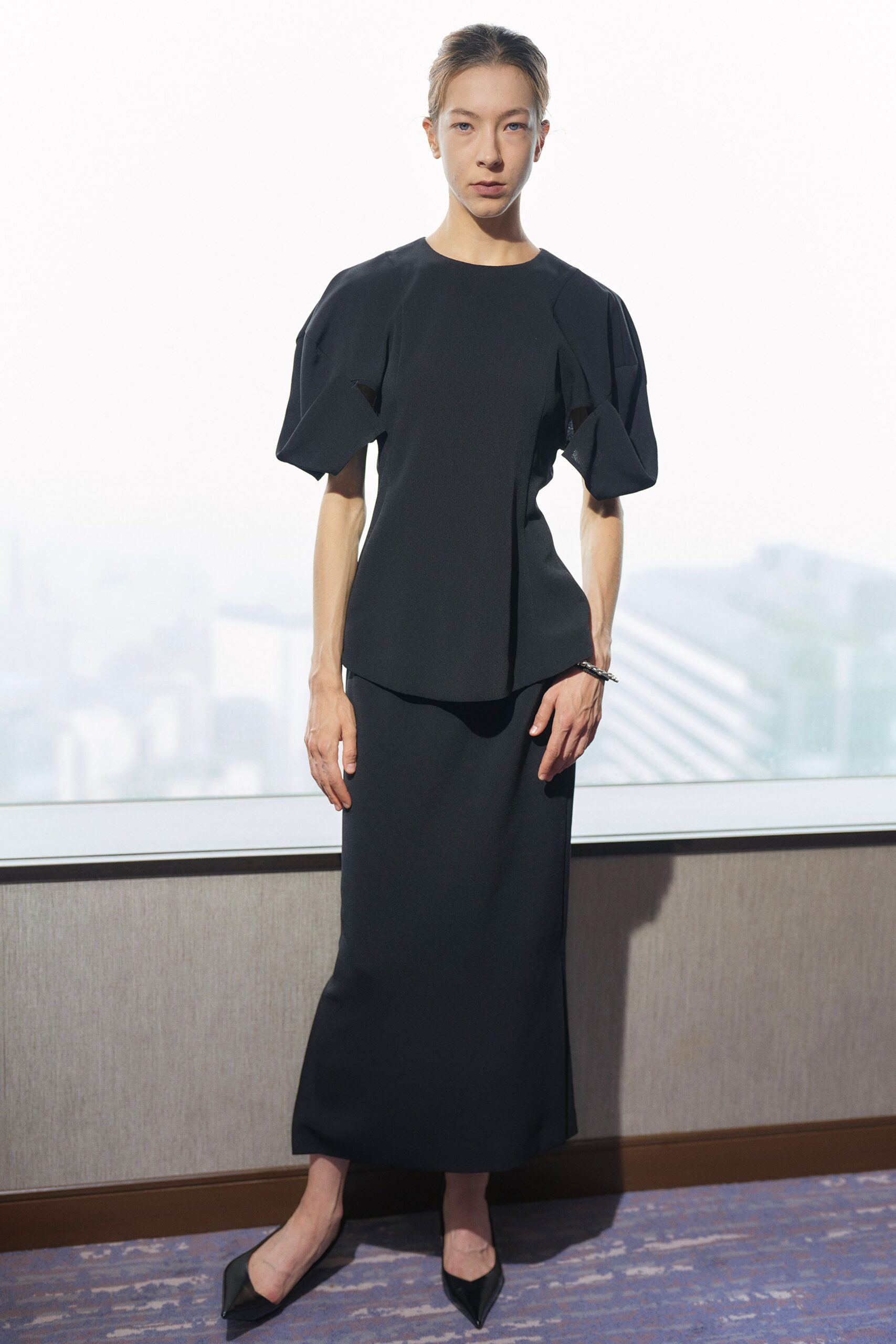 black cotton short-sleeve high-neck fitted padded top