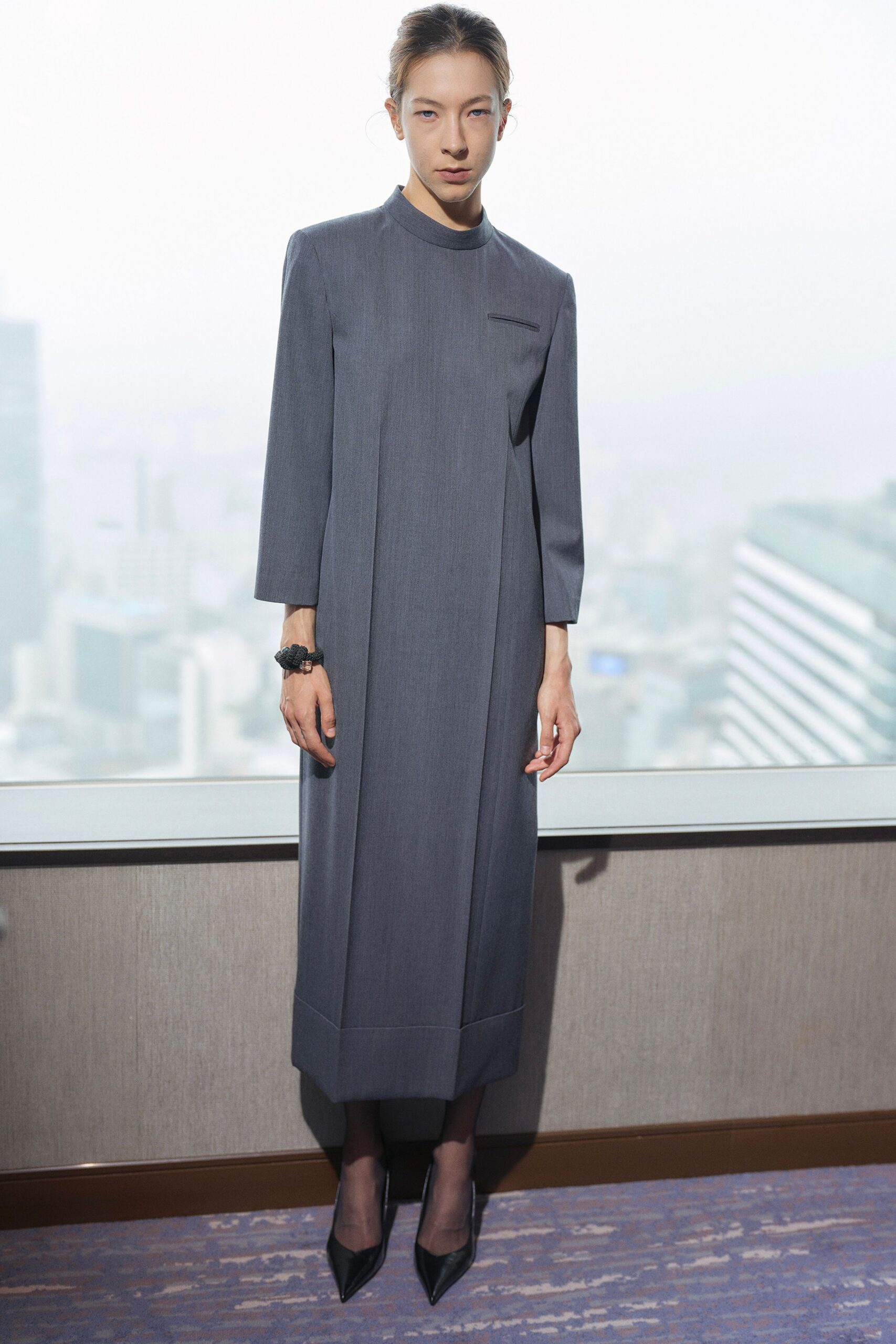 gray wool long-sleeve high-neck fitted straight-leg maxi dress