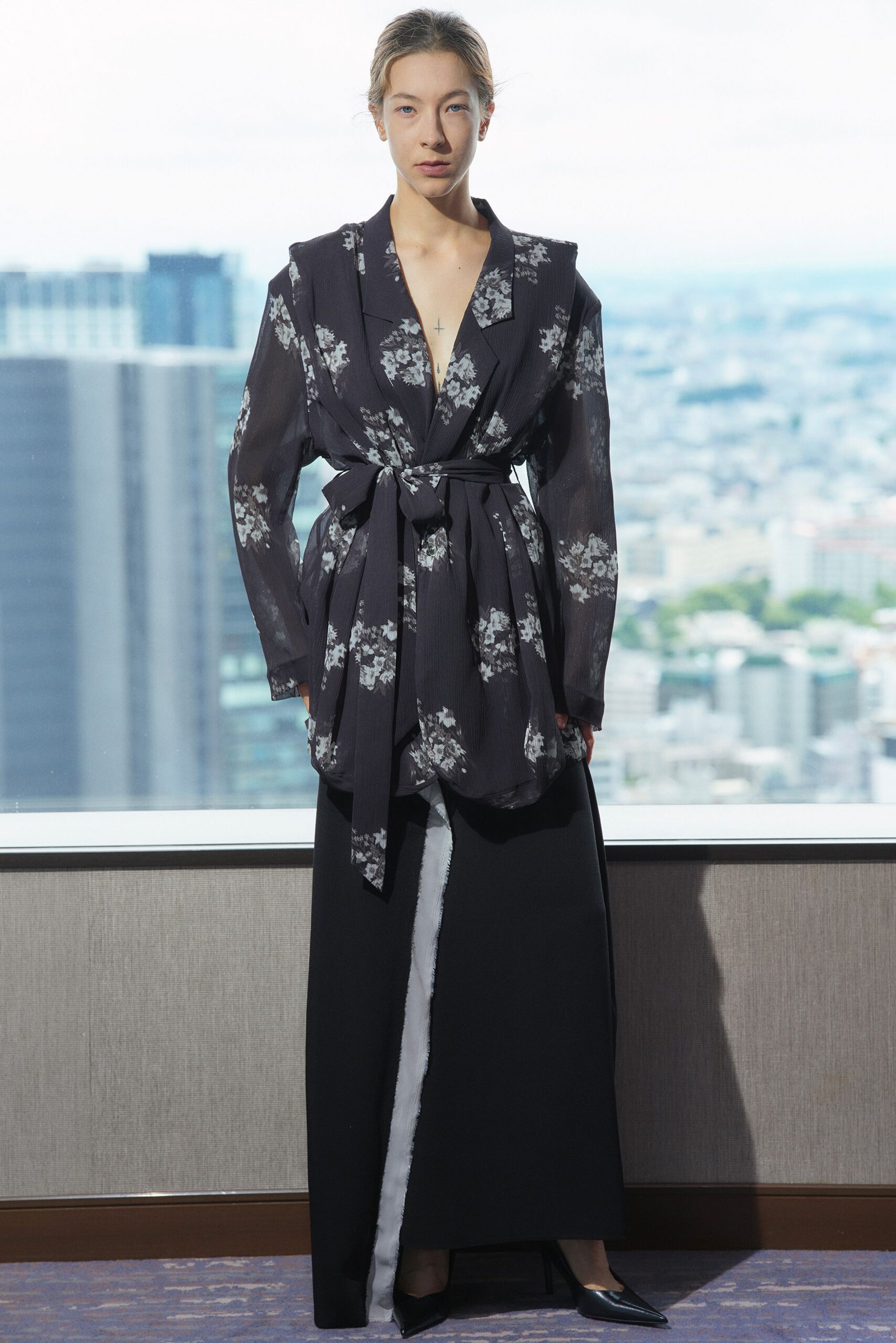 black silk long-sleeve v-neck fitted floral tiered dress